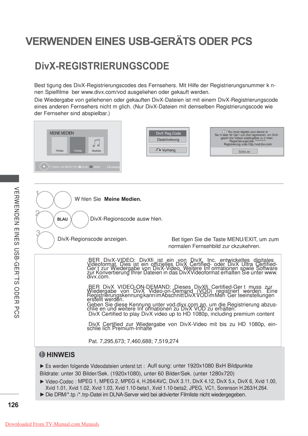 LG Electronics AW-50PG60MS, AW-60PG60MS manual 126, Wählen Sie Meine Medien, DivX-Regionscode auswählen 