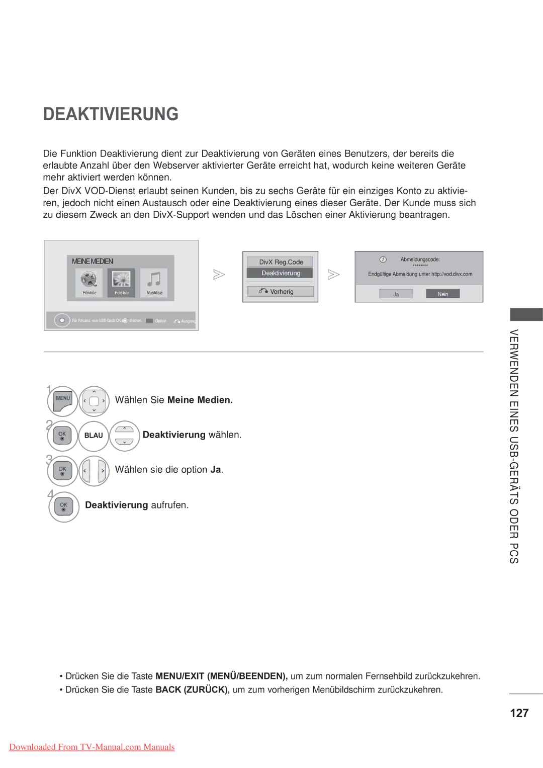 LG Electronics AW-50PG60MS, AW-60PG60MS manual 127, Deaktivierung aufrufen 