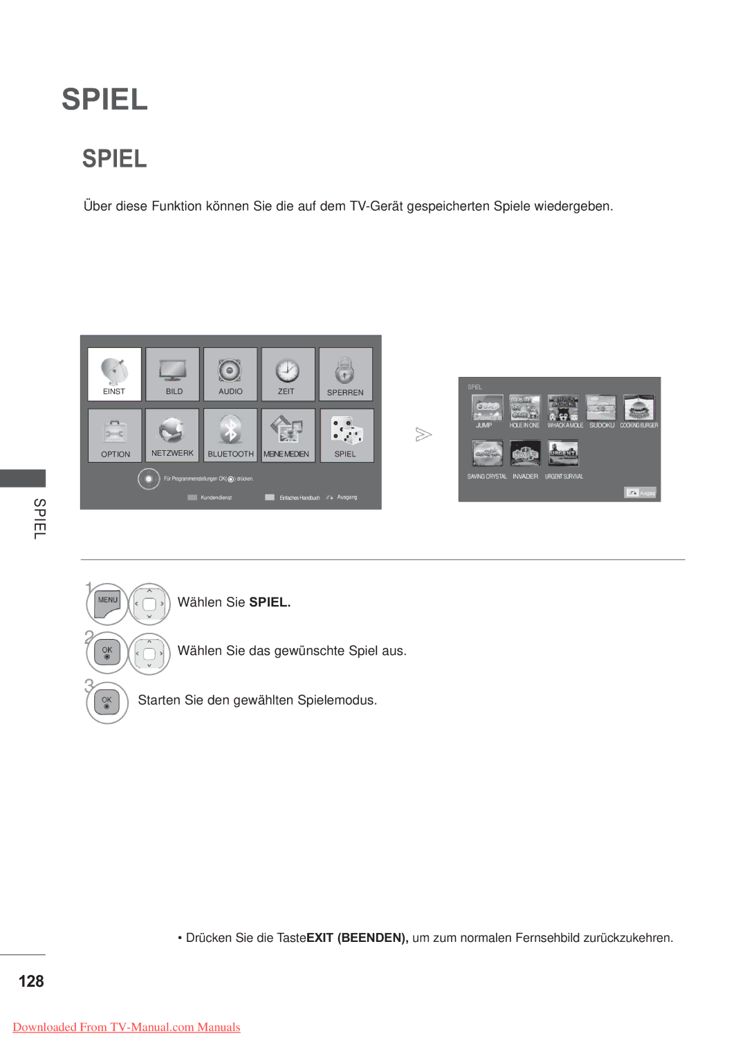 LG Electronics AW-50PG60MS, AW-60PG60MS manual Spiel, 128 