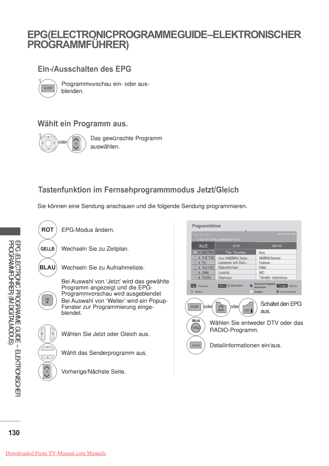 LG Electronics AW-60PG60M, AW-50PG60MS manual Ein-/Ausschalten des EPG, Wählt ein Programm aus, 130, Elektronischer 