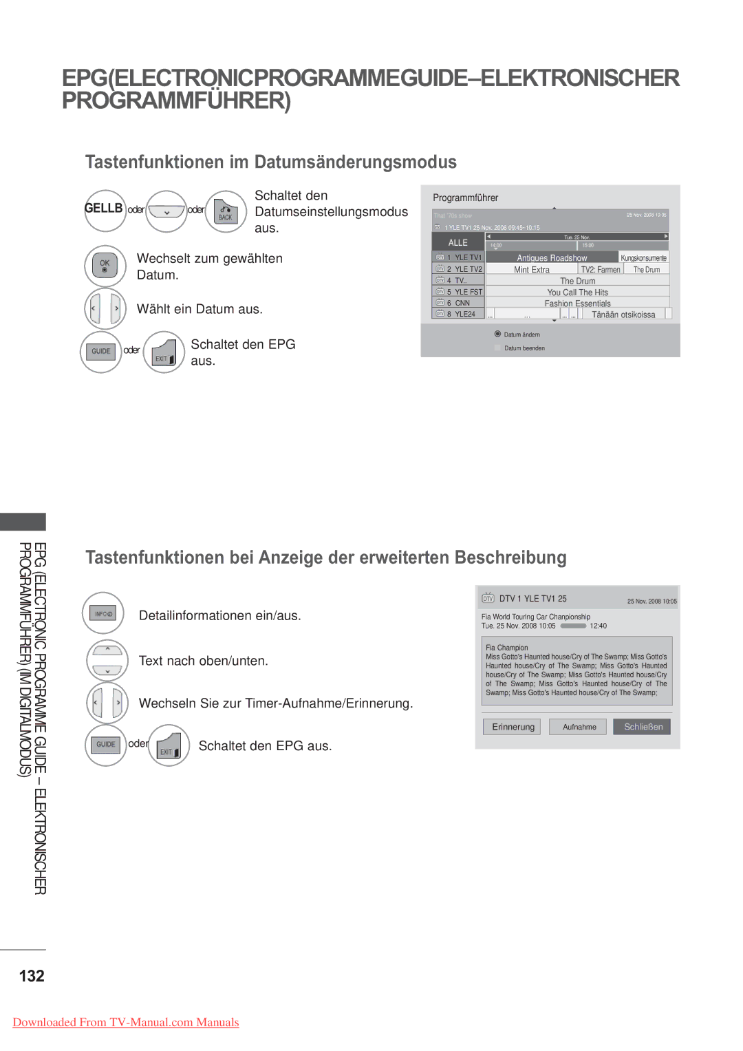 LG Electronics AW-50PG60MS, AW-60PG60M manual Tastenfunktionen im Datumsänderungsmodus, 132, Epg, Schaltet den EPG aus 