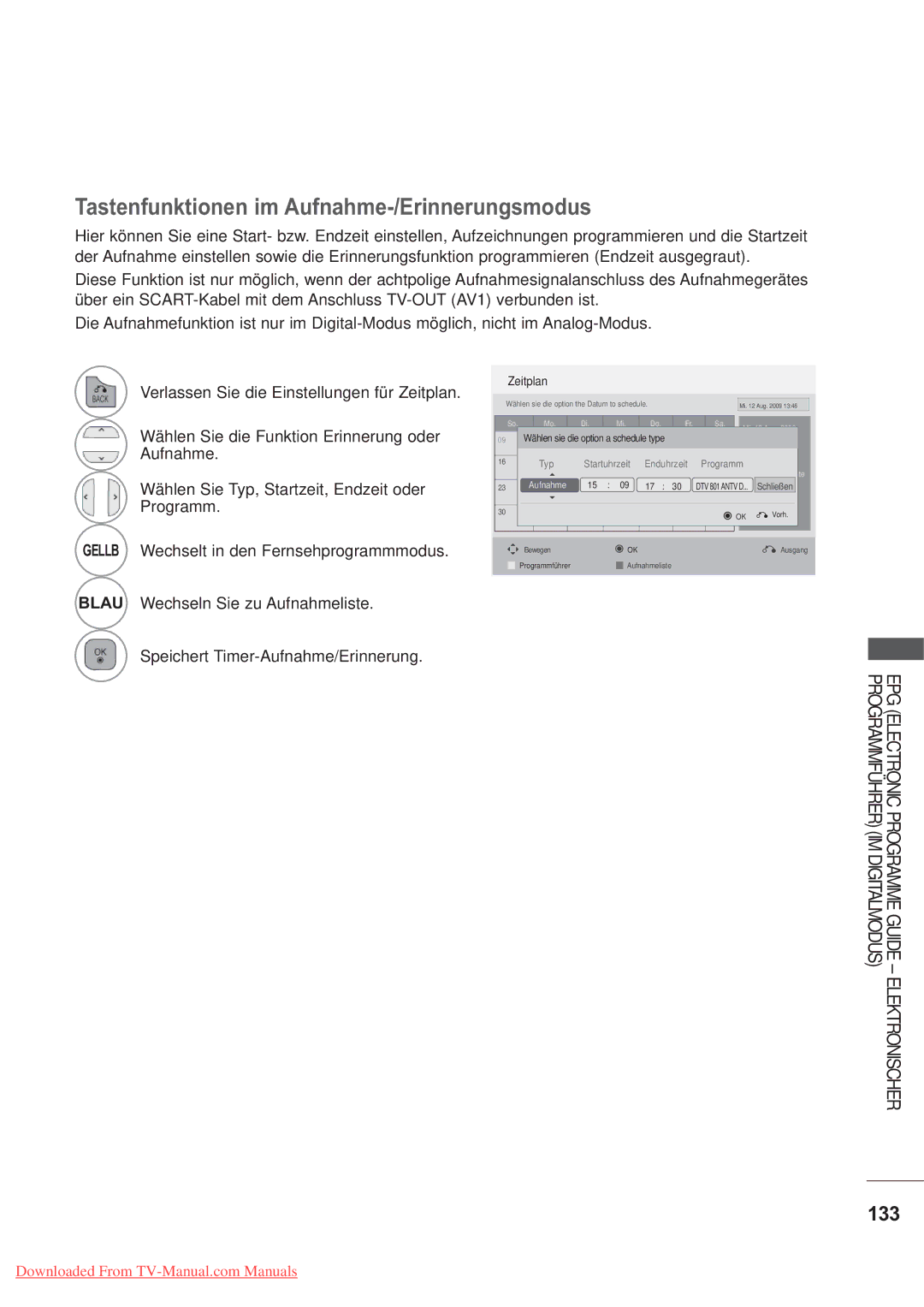 LG Electronics AW-60PG60MS, AW-50PG60MS manual Tastenfunktionen im Aufnahme-/Erinnerungsmodus, 133 