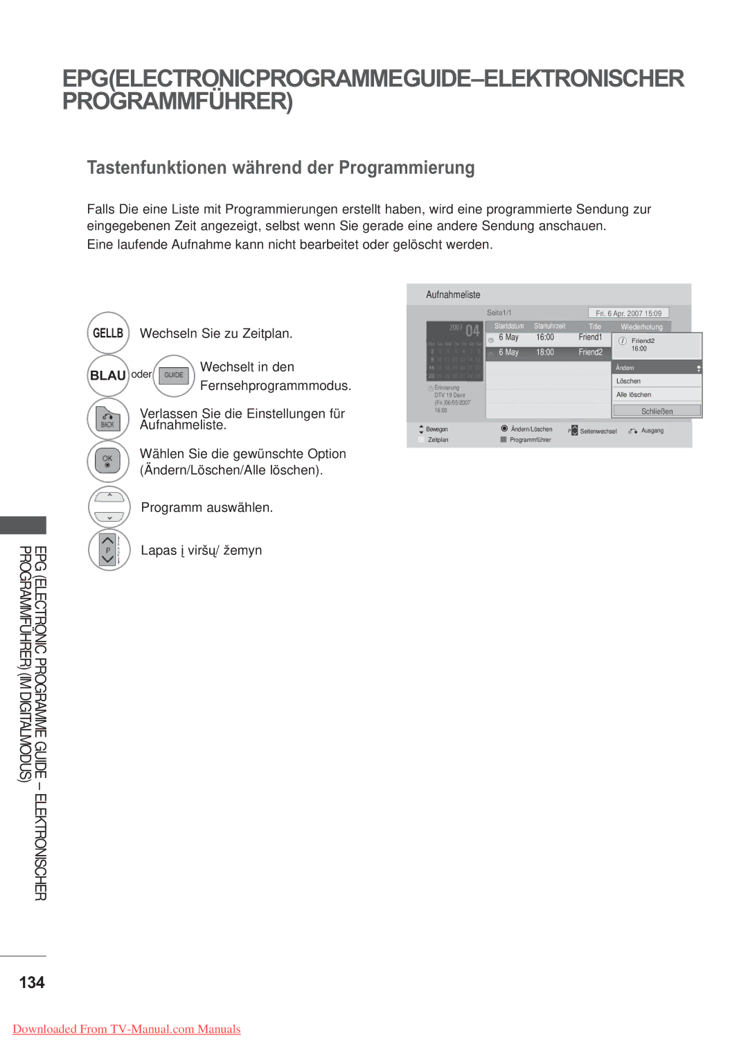 LG Electronics AW-60PG60M manual Tastenfunktionen während der Programmierung, 134, Wechselt in den Fernsehprogrammmodus 