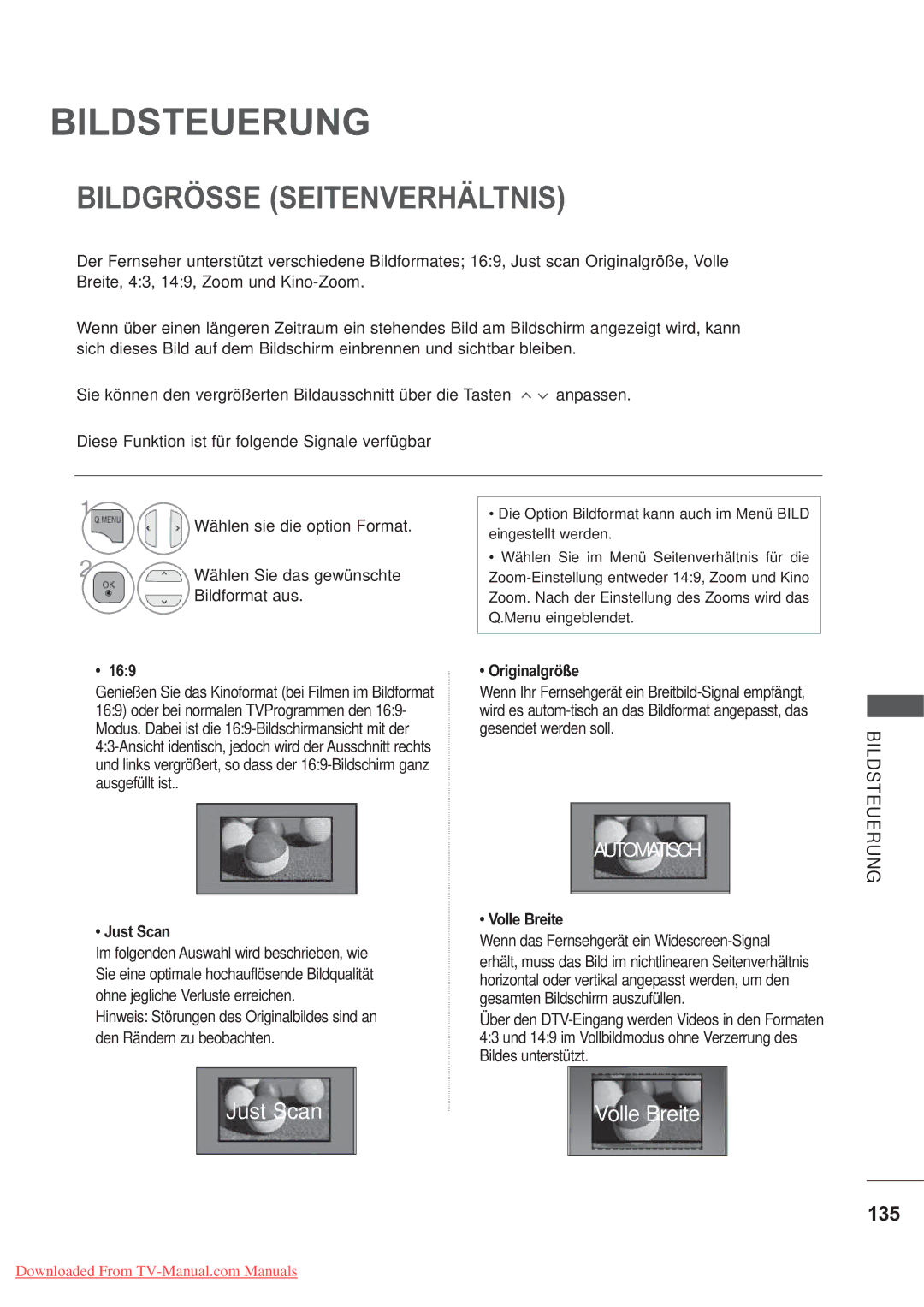 LG Electronics AW-50PG60MS, AW-60PG60MS manual Bildsteuerung, Bildgrösse Seitenverhältnis, 135 