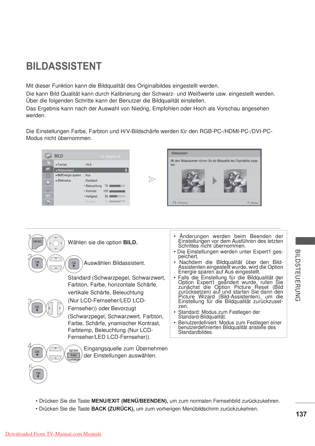 LG Electronics AW-60PG60MS, AW-50PG60M manual Bildassistent, 137, Eingangsquelle zum Übernehmen, Der Einstellungen auswählen 