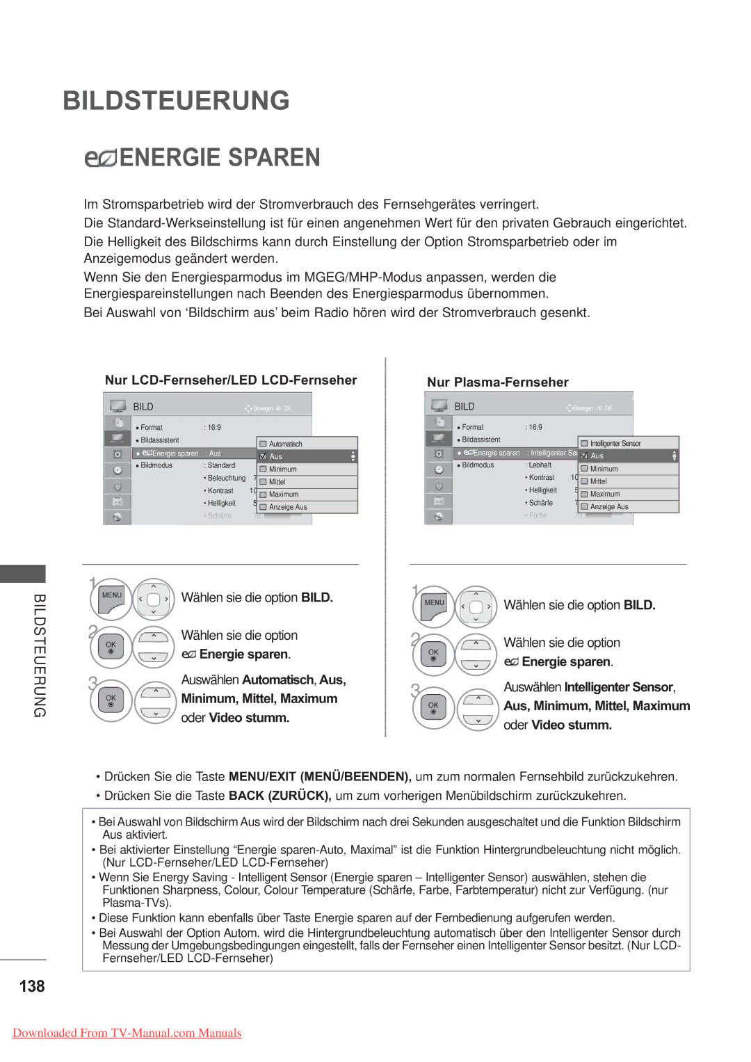 LG Electronics AW-60PG60M, AW-50PG60M manual Energie Sparen, 138, Nur LCD-Fernseher/LED LCD-Fernseher Nur Plasma-Fernseher 