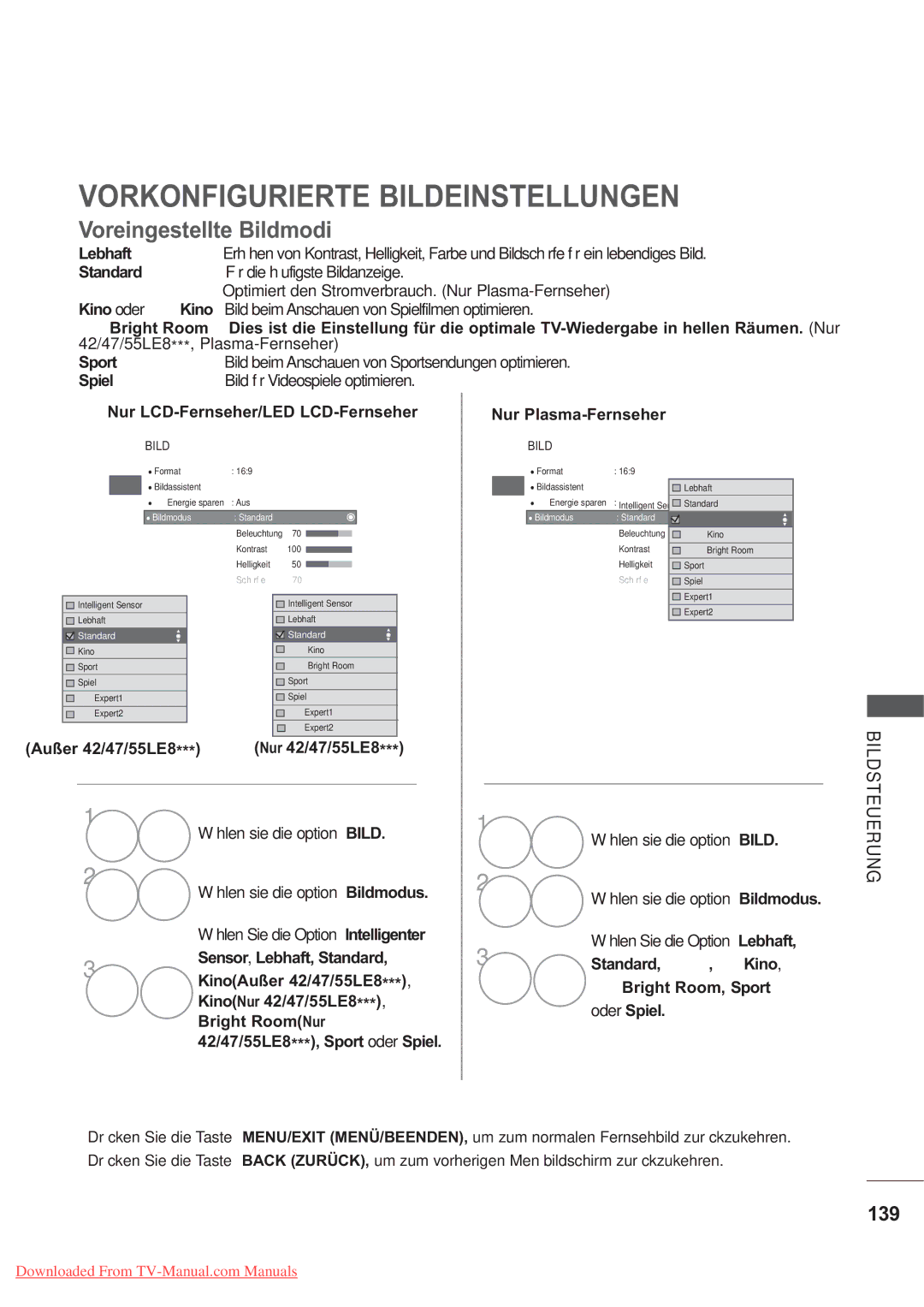 LG Electronics AW-50PG60MS, AW-60PG60MS manual Vorkonfigurierte Bildeinstellungen, Voreingestellte Bildmodi, 139 