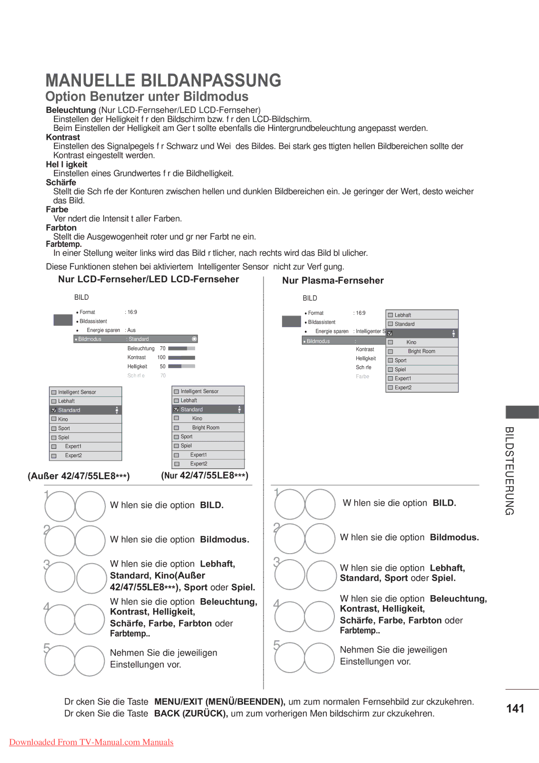 LG Electronics AW-60PG60MS, AW-50PG60MS manual Manuelle Bildanpassung, Option Benutzer unter Bildmodus, 141 