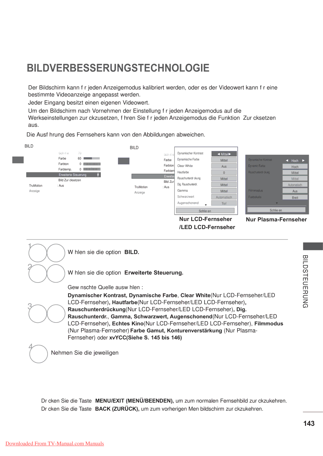 LG Electronics AW-50PG60MS, AW-60PG60MS manual Bildverbesserungstechnologie, 143, Nur LCD-Fernseher 