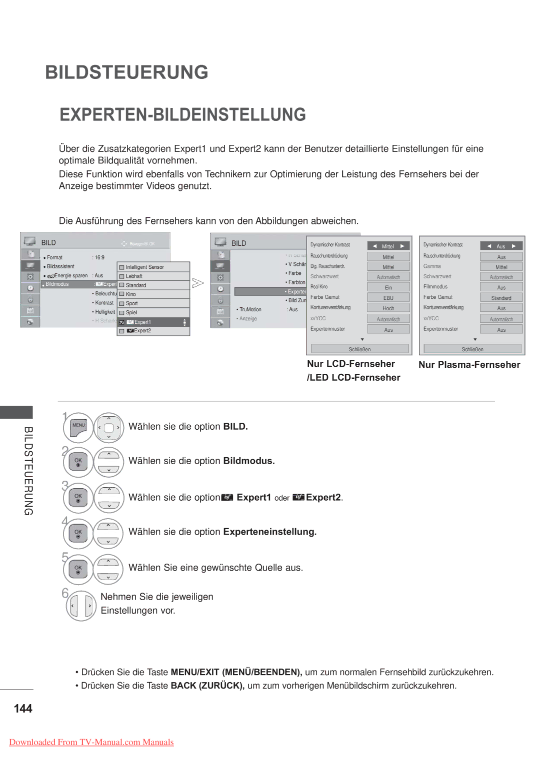 LG Electronics AW-50PG60MS, AW-60PG60MS manual Experten-Bildeinstellung, 144, LED LCD-Fernseher, Bildmodus Expert1 