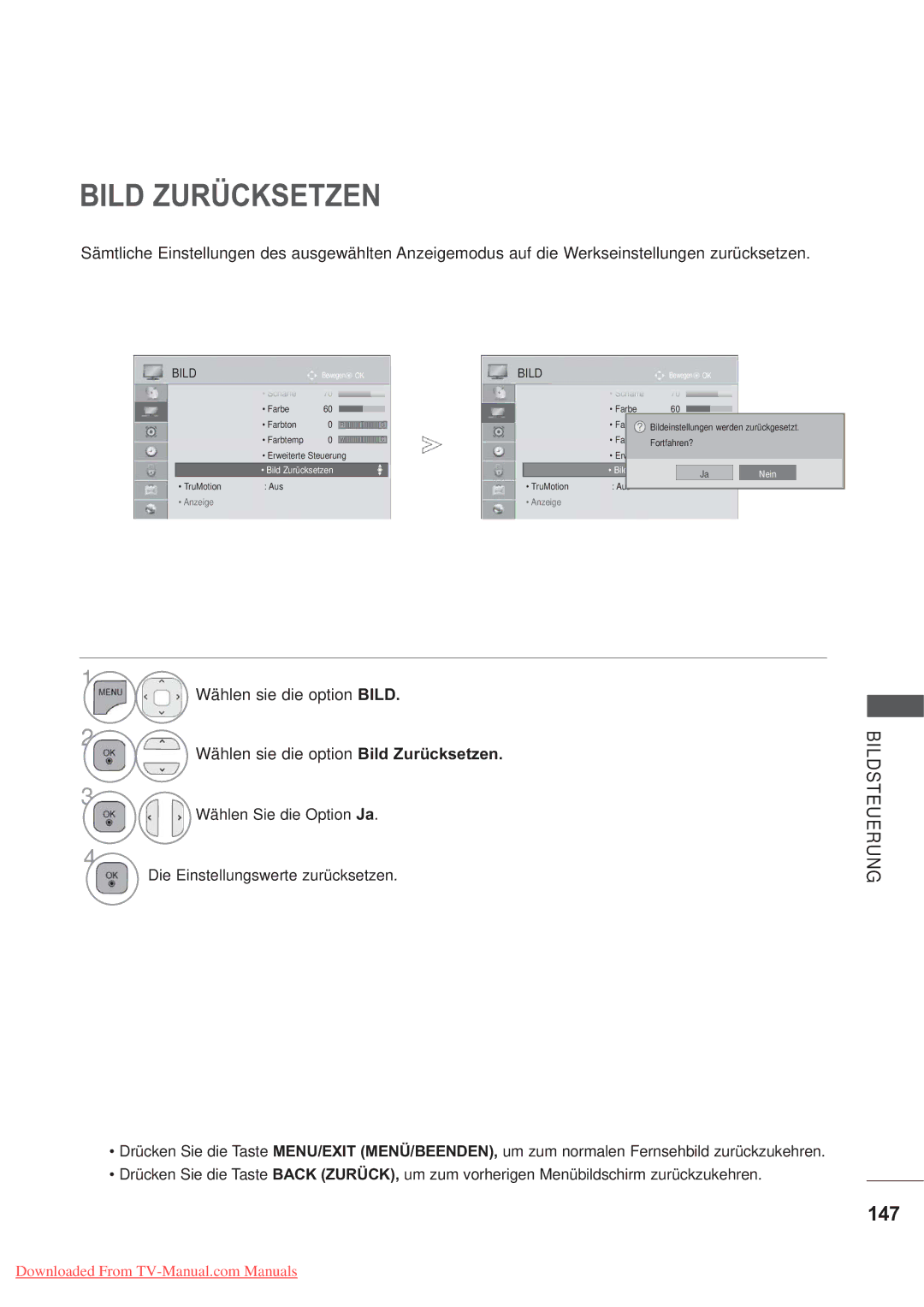 LG Electronics AW-50PG60MS, AW-60PG60MS manual Bild Zurücksetzen, 147 