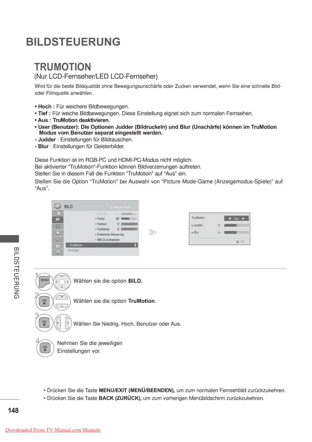 LG Electronics AW-50PG60MS, AW-60PG60M Trumotion, 148, Wählen sie die option Bild Wählen sie die option TruMotion, Tief 