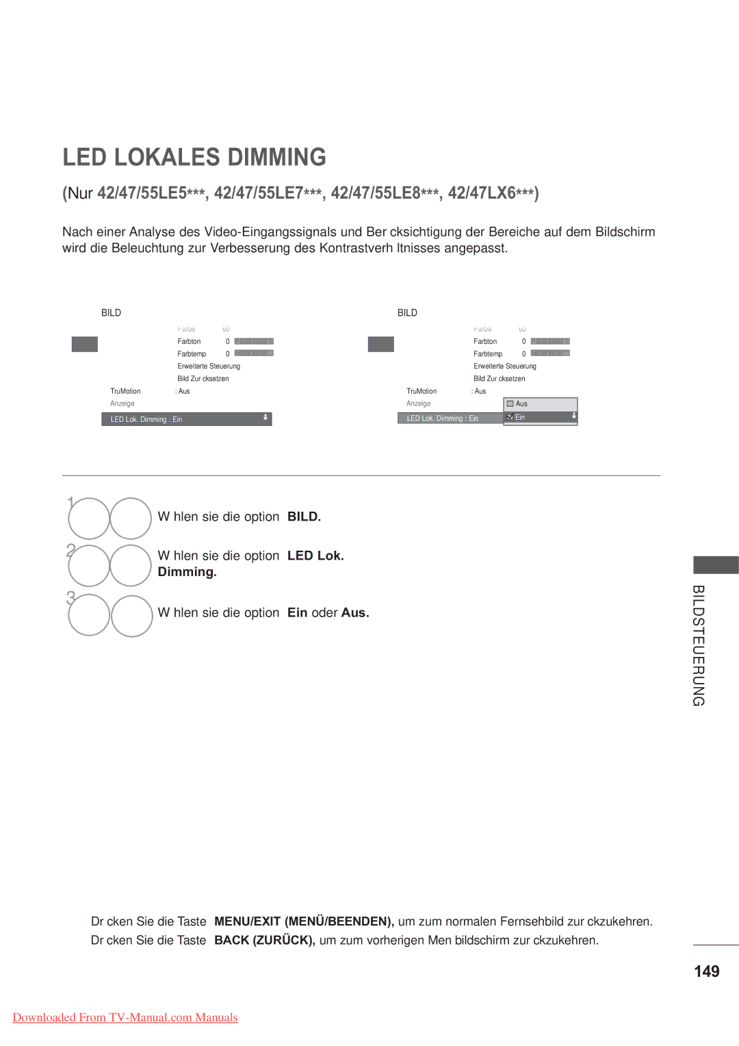 LG Electronics AW-60PG60MS, AW-50PG60M LED Lokales Dimming, 149, Wählen sie die option Bild, Wählen sie die option LED Lok 