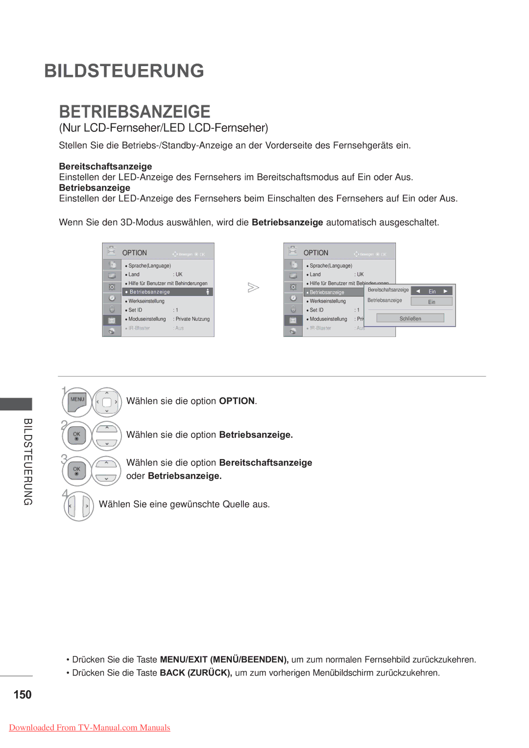 LG Electronics AW-50PG60MS, AW-60PG60MS manual Betriebsanzeige, 150, Bereitschaftsanzeige 