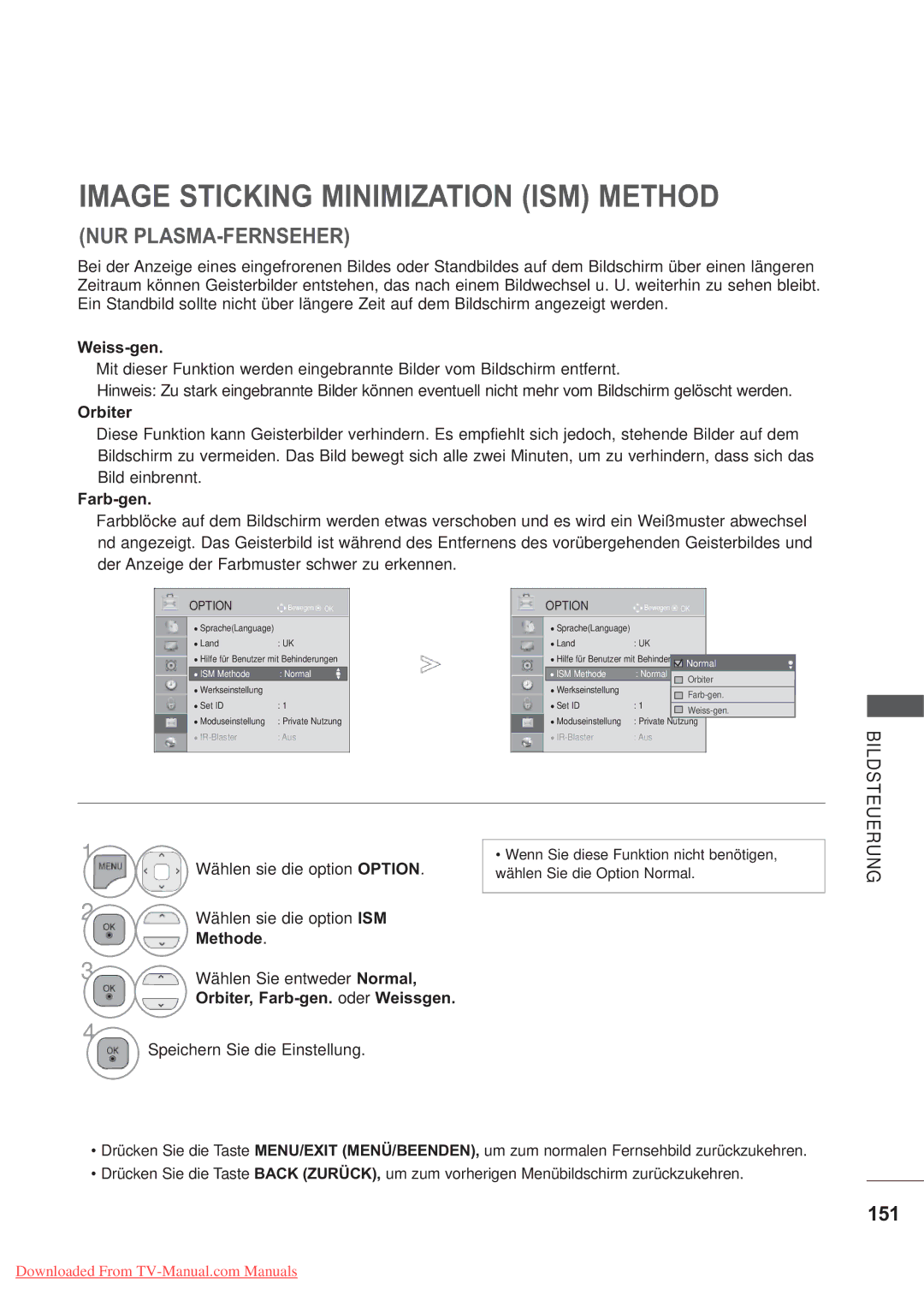 LG Electronics AW-50PG60MS, AW-60PG60MS manual Image Sticking Minimization ISM Method, 151 