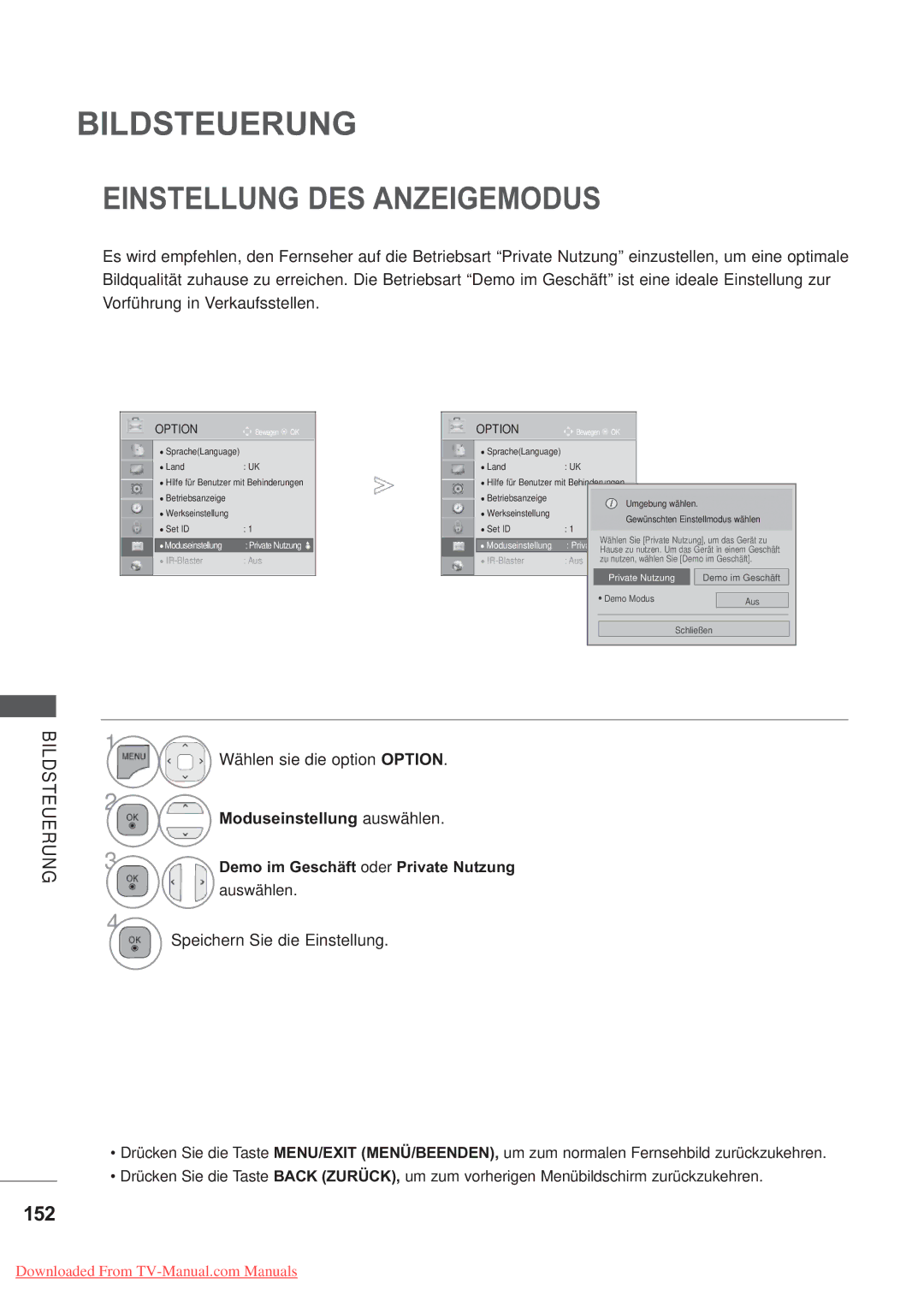 LG Electronics AW-50PG60MS Einstellung DES Anzeigemodus, 152, Moduseinstellung auswählen, Moduseinstellung Private Nutzung 