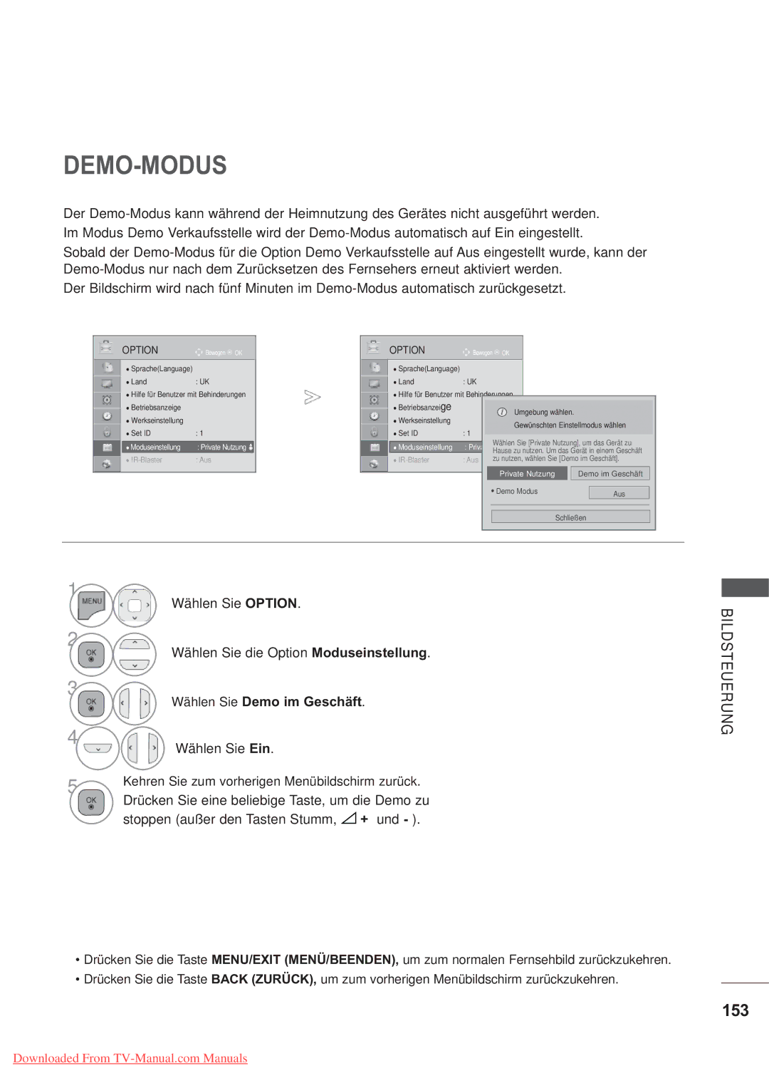 LG Electronics AW-60PG60MS manual Demo-Modus, 153, Wählen Sie Option Wählen Sie die Option Moduseinstellung, Wählen Sie Ein 