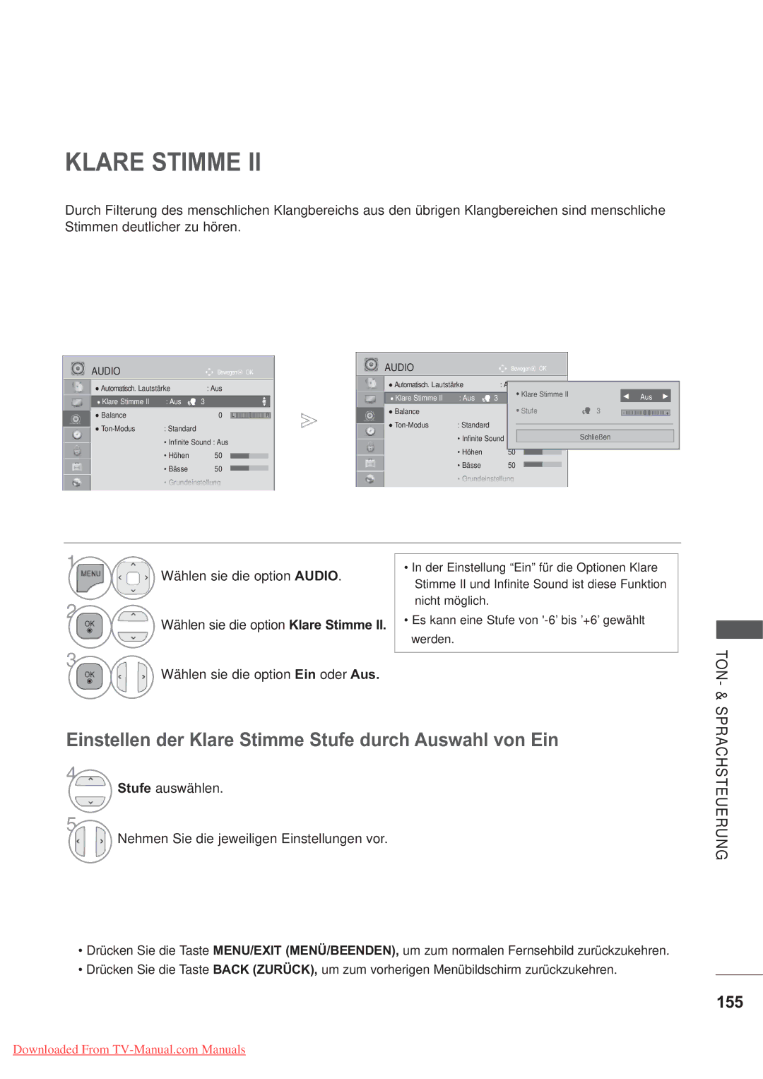 LG Electronics AW-50PG60M, AW-60PG60M Einstellen der Klare Stimme Stufe durch Auswahl von Ein, 155, Sprachsteuerung 