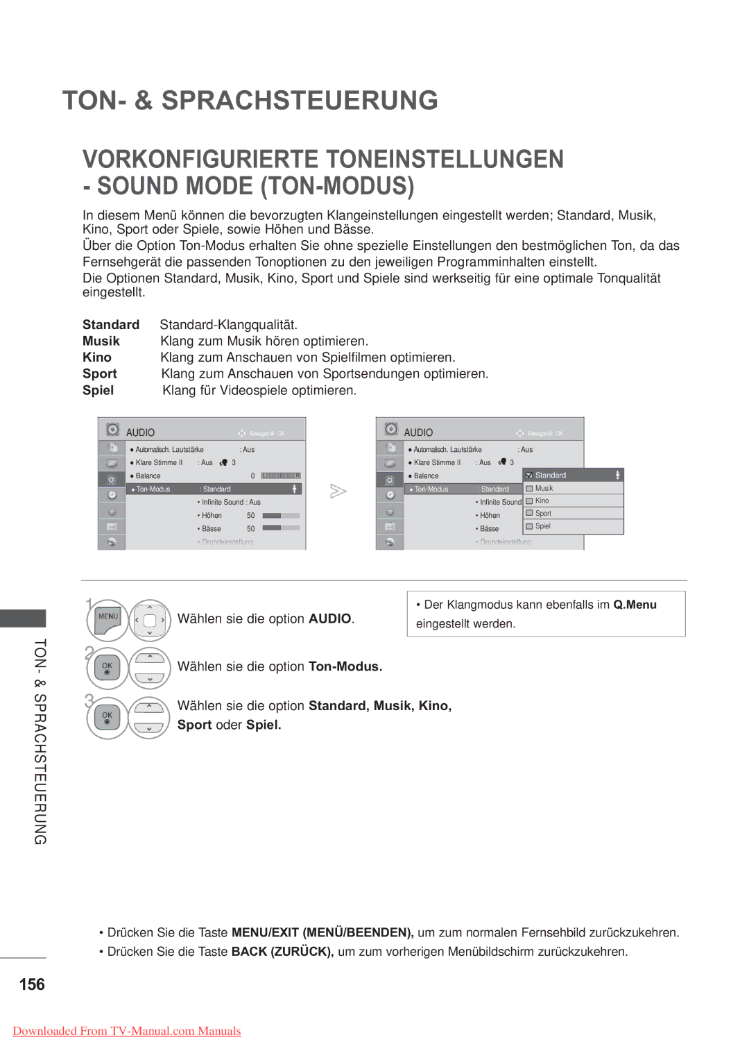 LG Electronics AW-50PG60MS manual 156, Spiel Klang für Videospiele optimieren, TON- & Sprachsteuerung, Sport oder Spiel 