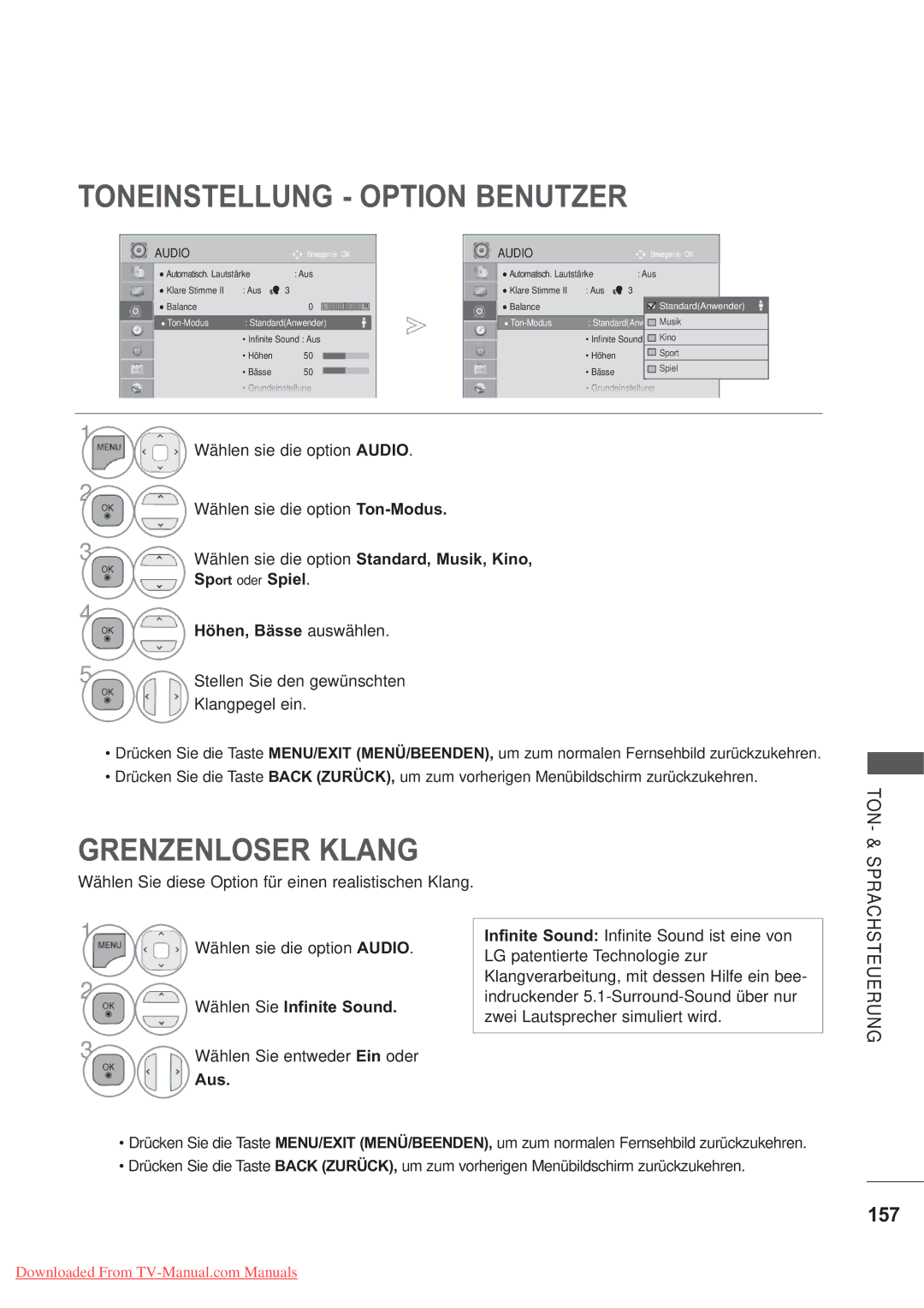 LG Electronics AW-60PG60MS, AW-50PG60MS manual Toneinstellung Option Benutzer, Grenzenloser Klang, 157 