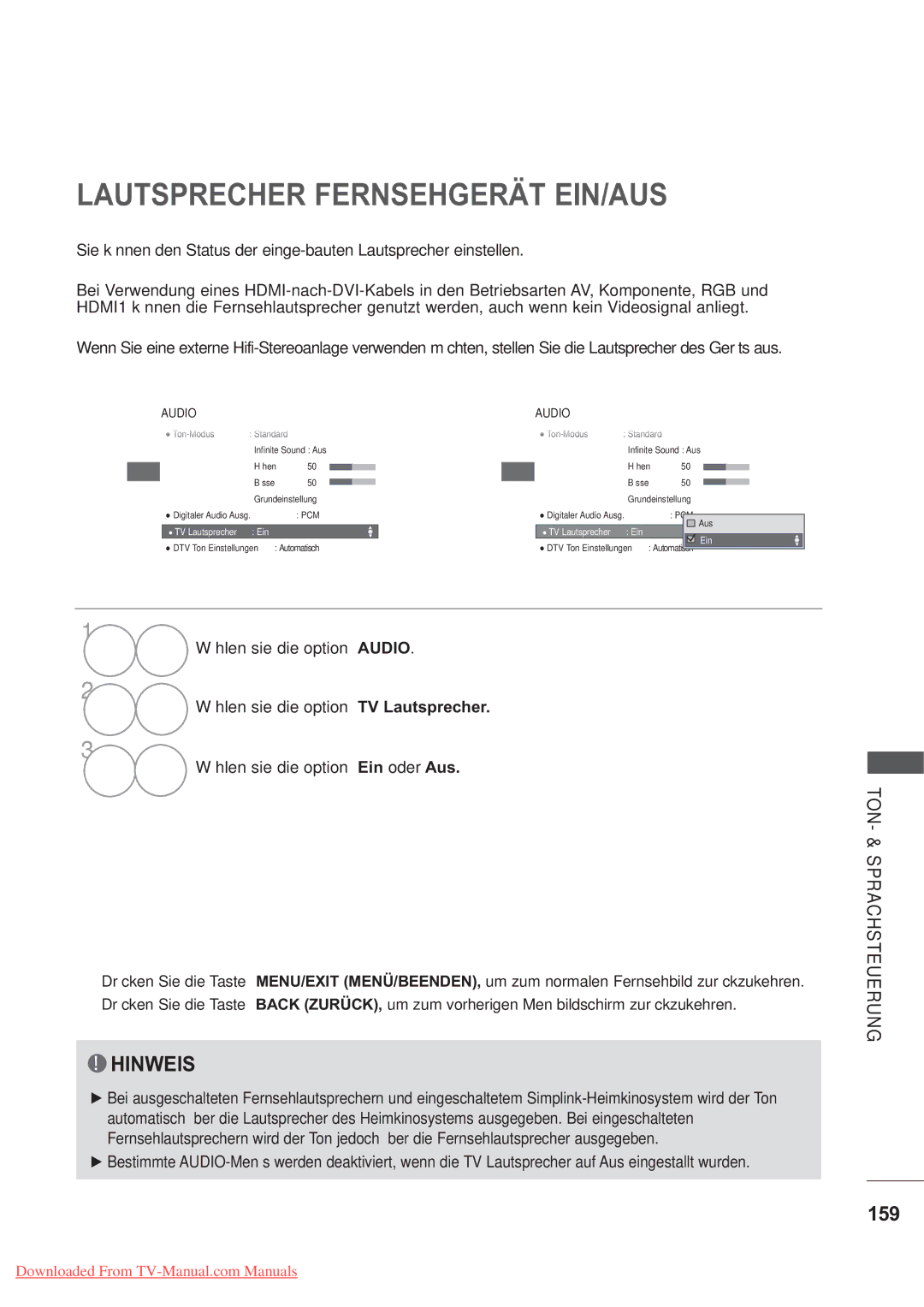 LG Electronics AW-50PG60MS, AW-60PG60MS manual Lautsprecher Fernsehgerät EIN/AUS, 159, TV Lautsprecher Ein 