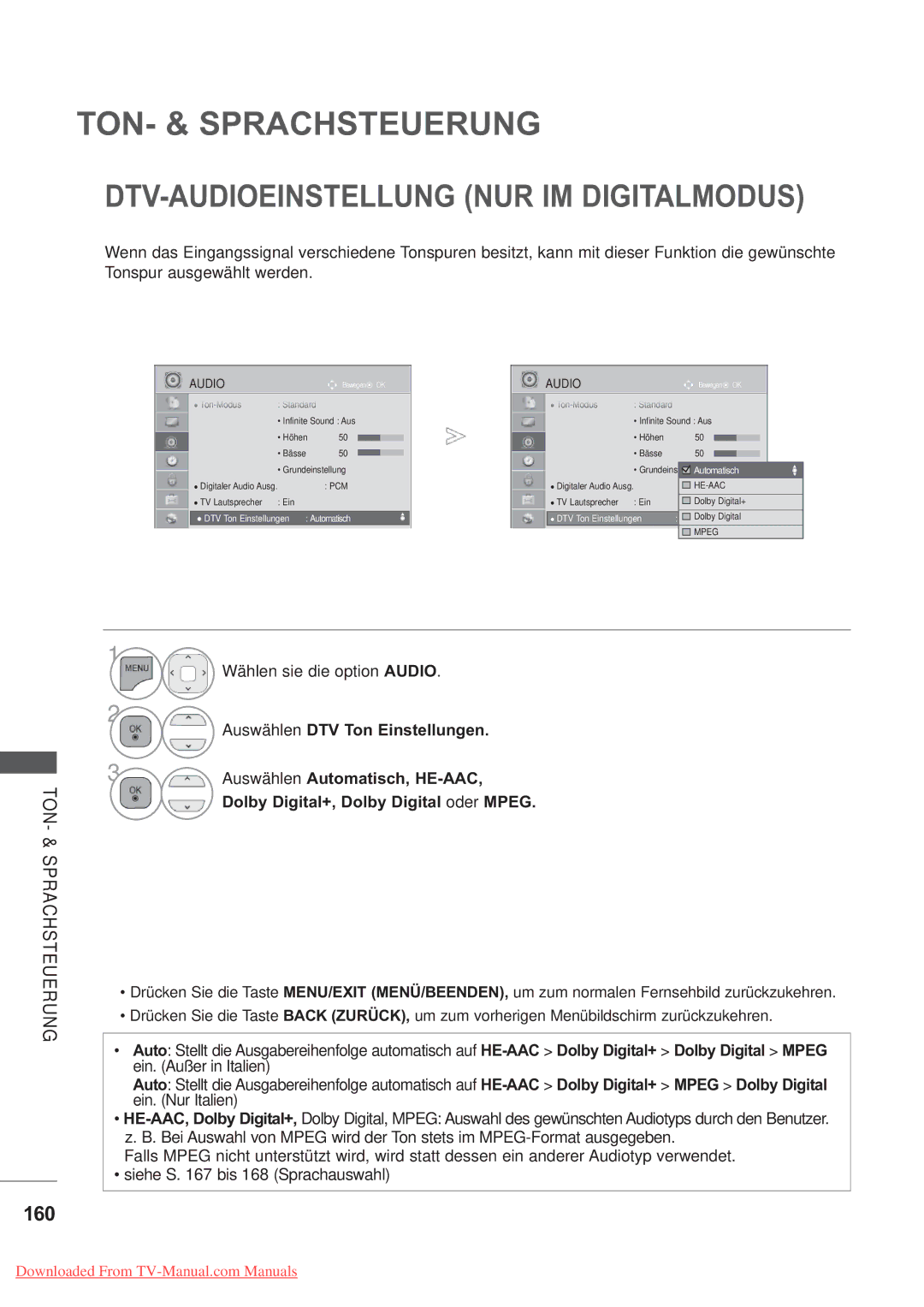 LG Electronics AW-50PG60MS, AW-60PG60MS manual DTV-AUDIOEINSTELLUNG NUR IM Digitalmodus, 160, UngAutomatisch 