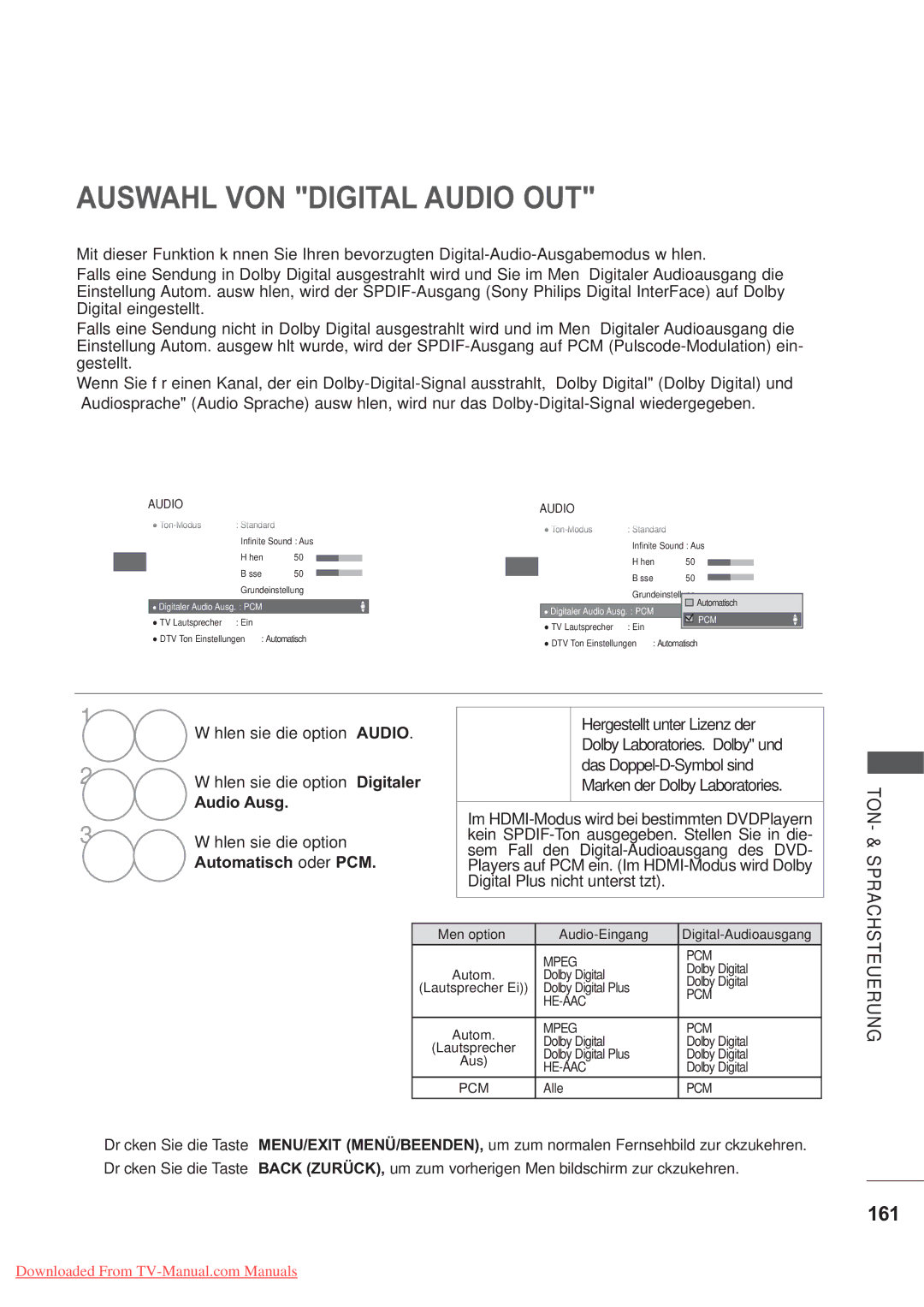 LG Electronics AW-60PG60MS Auswahl VON Digital Audio OUT, 161, Wählen sie die option Audio Wählen sie die option Digitaler 