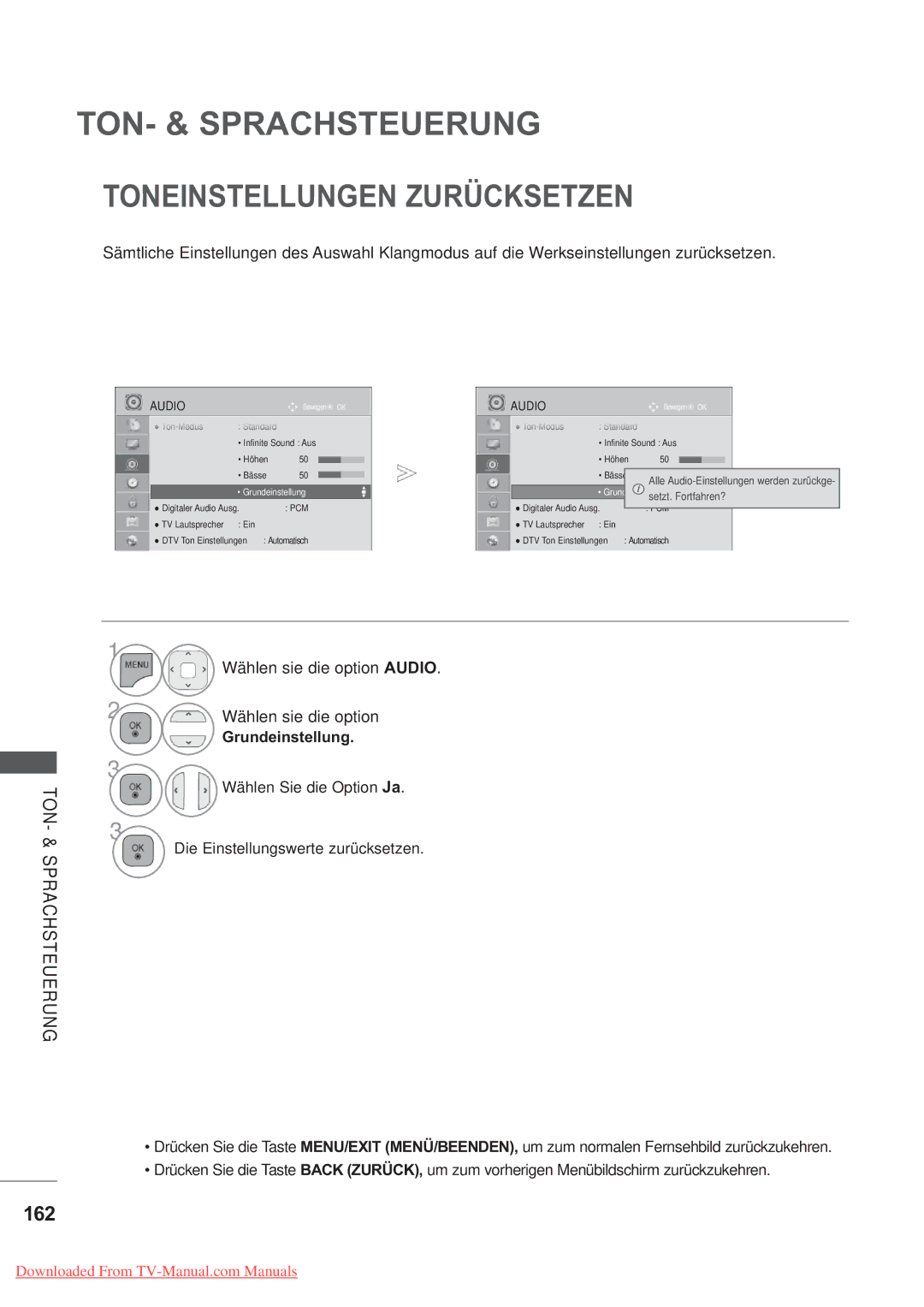 LG Electronics AW-50PG60MS, AW-60PG60MS manual Toneinstellungen Zurücksetzen, 162, Grundeinstellung 