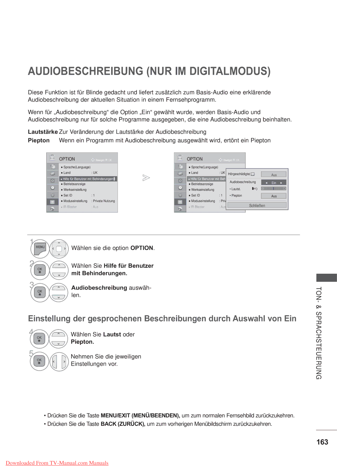 LG Electronics AW-50PG60M Audiobeschreibung NUR IM Digitalmodus, 163, Mit Behinderungen, Audiobeschreibung auswäh, Piepton 