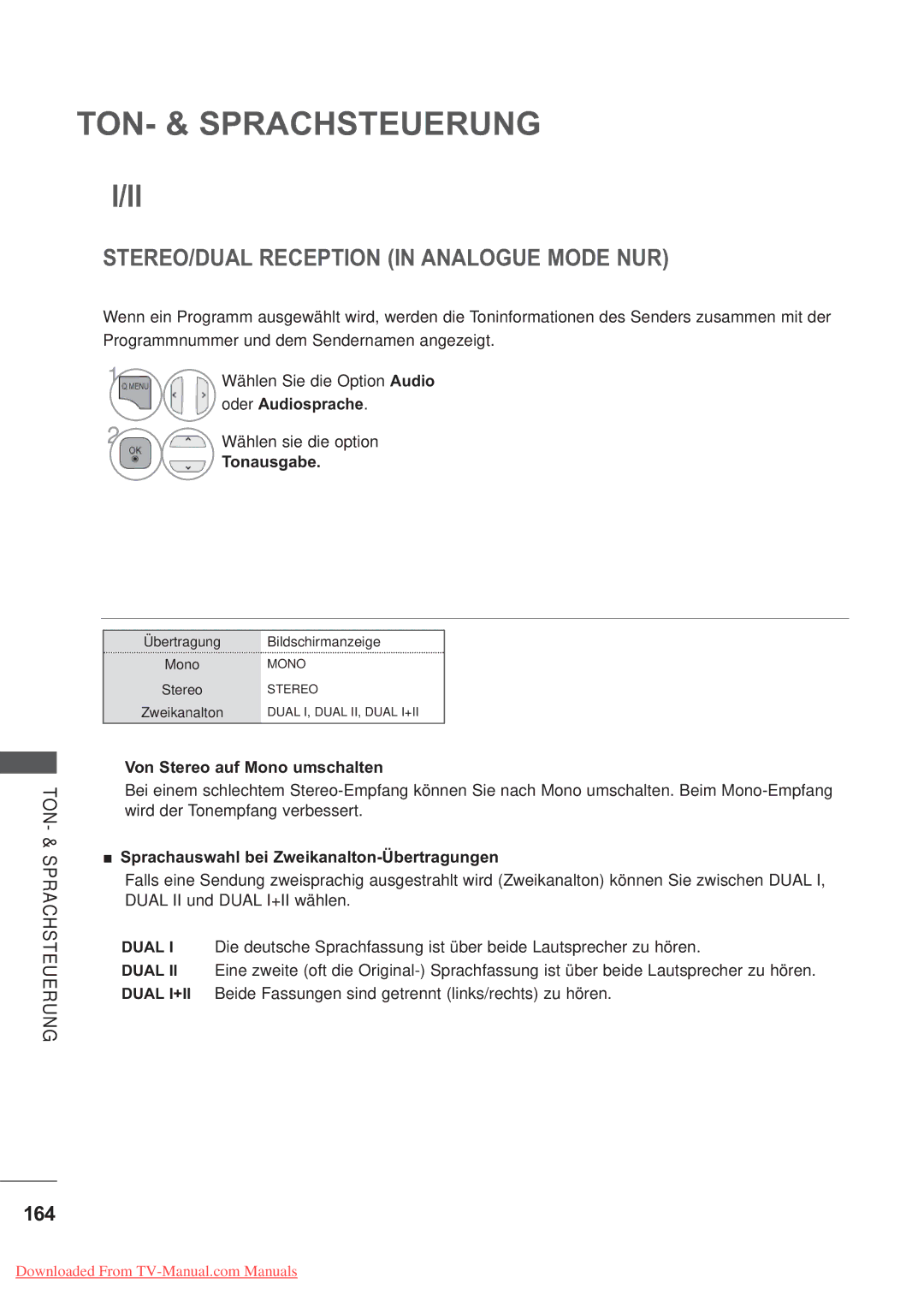 LG Electronics AW-50PG60MS 164, Tonausgabe, Von Stereo auf Mono umschalten, Sprachauswahl bei Zweikanalton-Übertragungen 