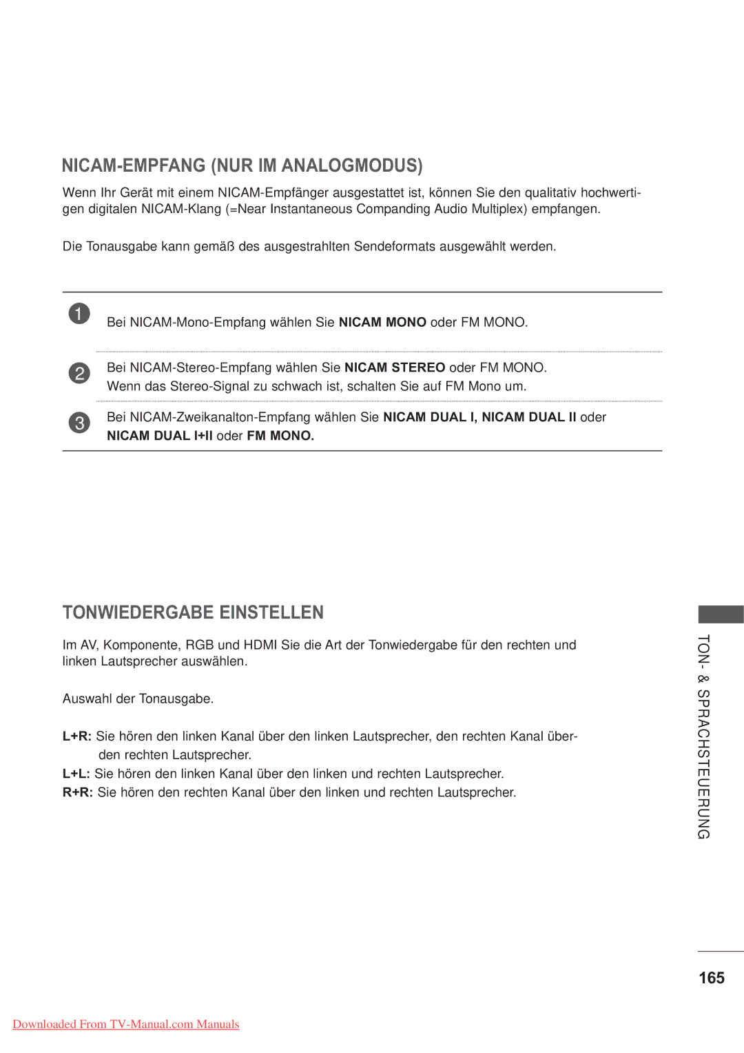 LG Electronics AW-60PG60MS, AW-50PG60MS manual 165, Nicam Dual I+II oder FM Mono 