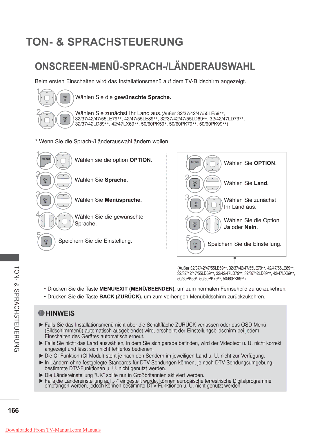 LG Electronics AW-60PG60M manual Onscreen-Menü-Sprach-/Länderauswahl, 166, Wählen Sie die gewünschte Sprache, Ja oder Nein 