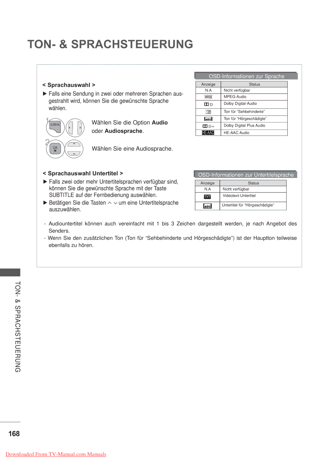 LG Electronics AW-50PG60MS, AW-60PG60M 168, Oder Audiosprache, Wählen Sie eine Audiosprache, Sprachauswahl Untertitel 