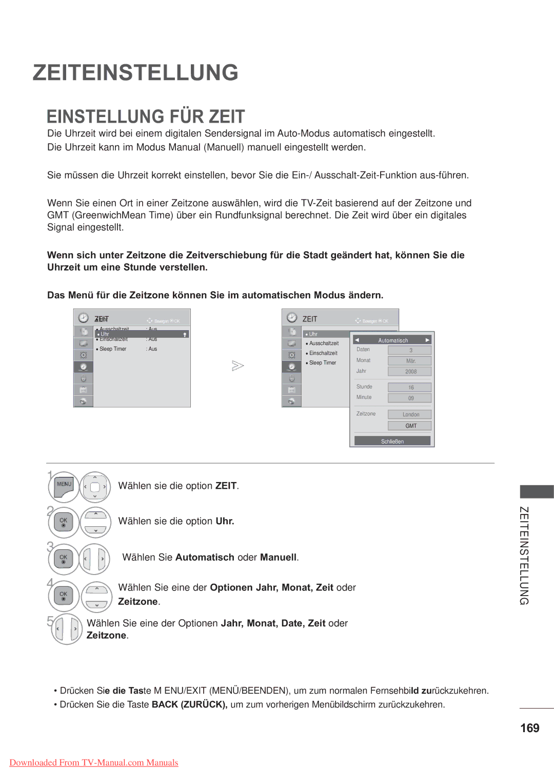 LG Electronics AW-60PG60MS manual Zeiteinstellung, Einstellung FÜR Zeit, 169, Wählen Sie Automatisch oder Manuell, Zeitzone 