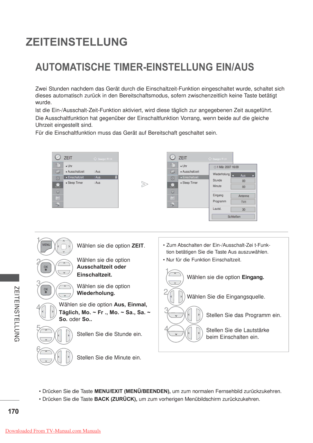 LG Electronics AW-50PG60MS, AW-60PG60MS manual Automatische TIMER-EINSTELLUNG EIN/AUS, 170 