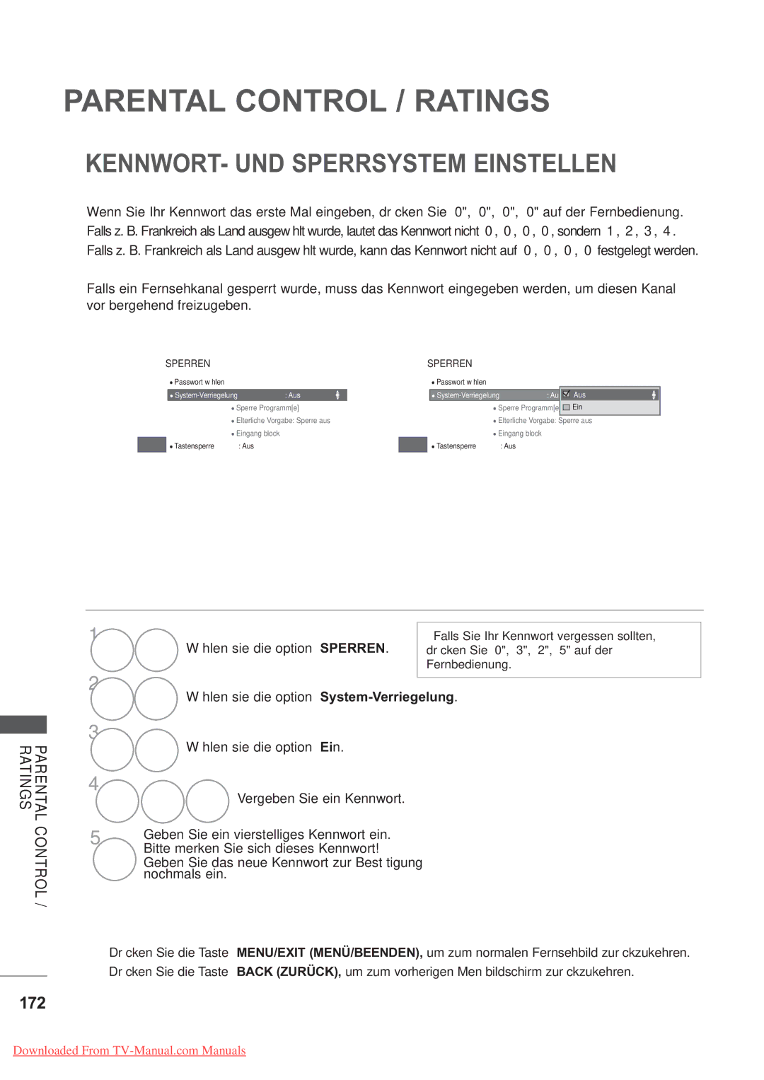 LG Electronics AW-50PG60MS, AW-60PG60MS manual Parental Control / Ratings, KENNWORT- UND Sperrsystem Einstellen, 172 