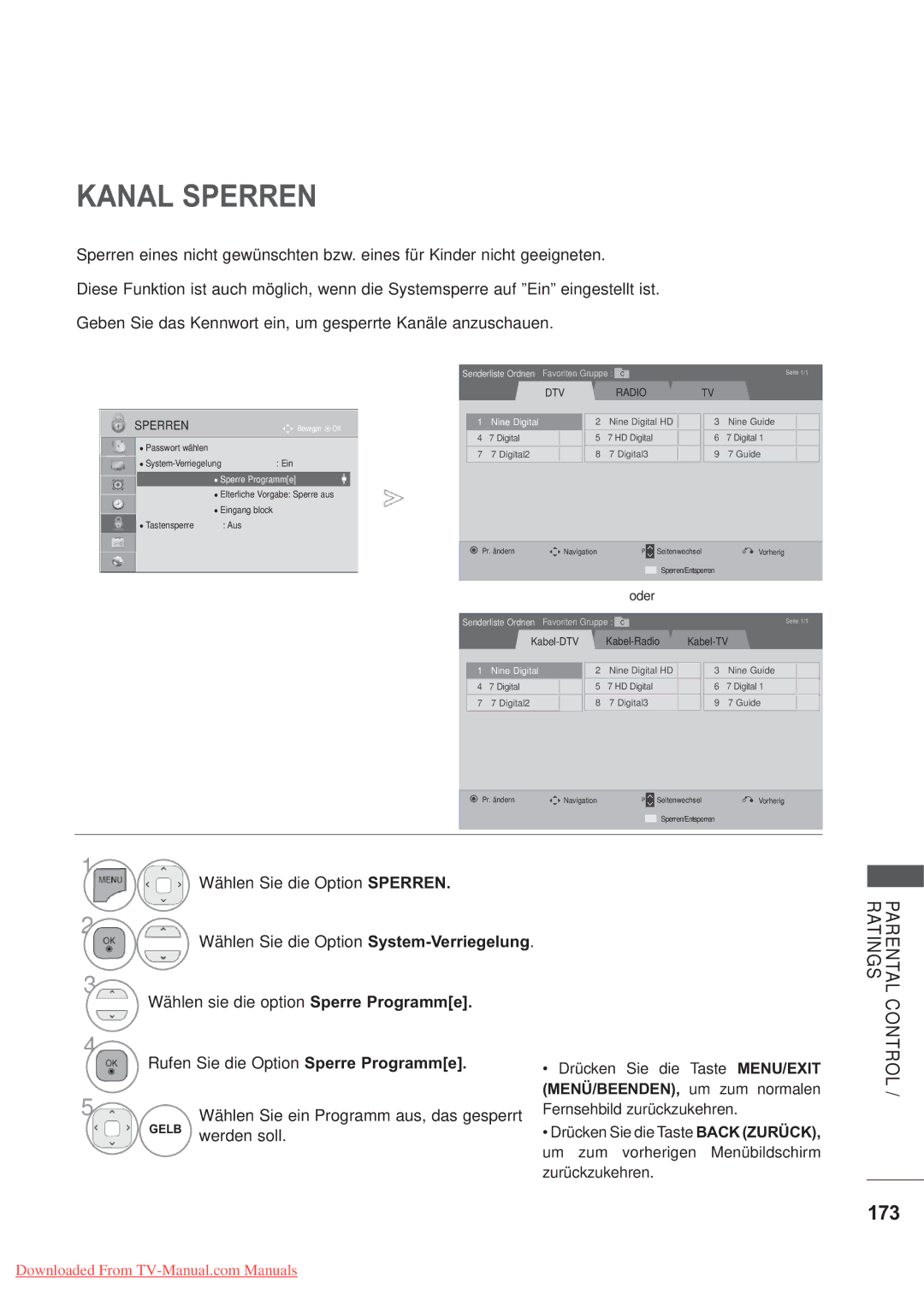 LG Electronics AW-60PG60MS, AW-50PG60MS manual Kanal Sperren, 173, Sperre Programme, Nine Digital 