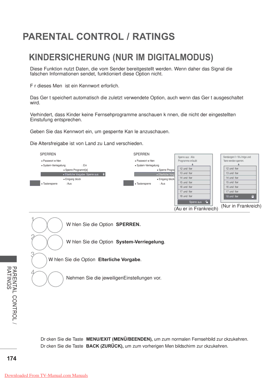 LG Electronics AW-60PG60M, AW-50PG60M manual Kindersicherung NUR IM Digitalmodus, 174, Außer in Frankreich Nur in Frankreich 