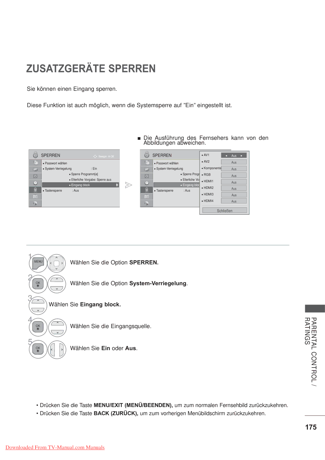 LG Electronics AW-50PG60MS, AW-60PG60MS manual Zusatzgeräte Sperren, 175, Wählen Sie Eingang block 