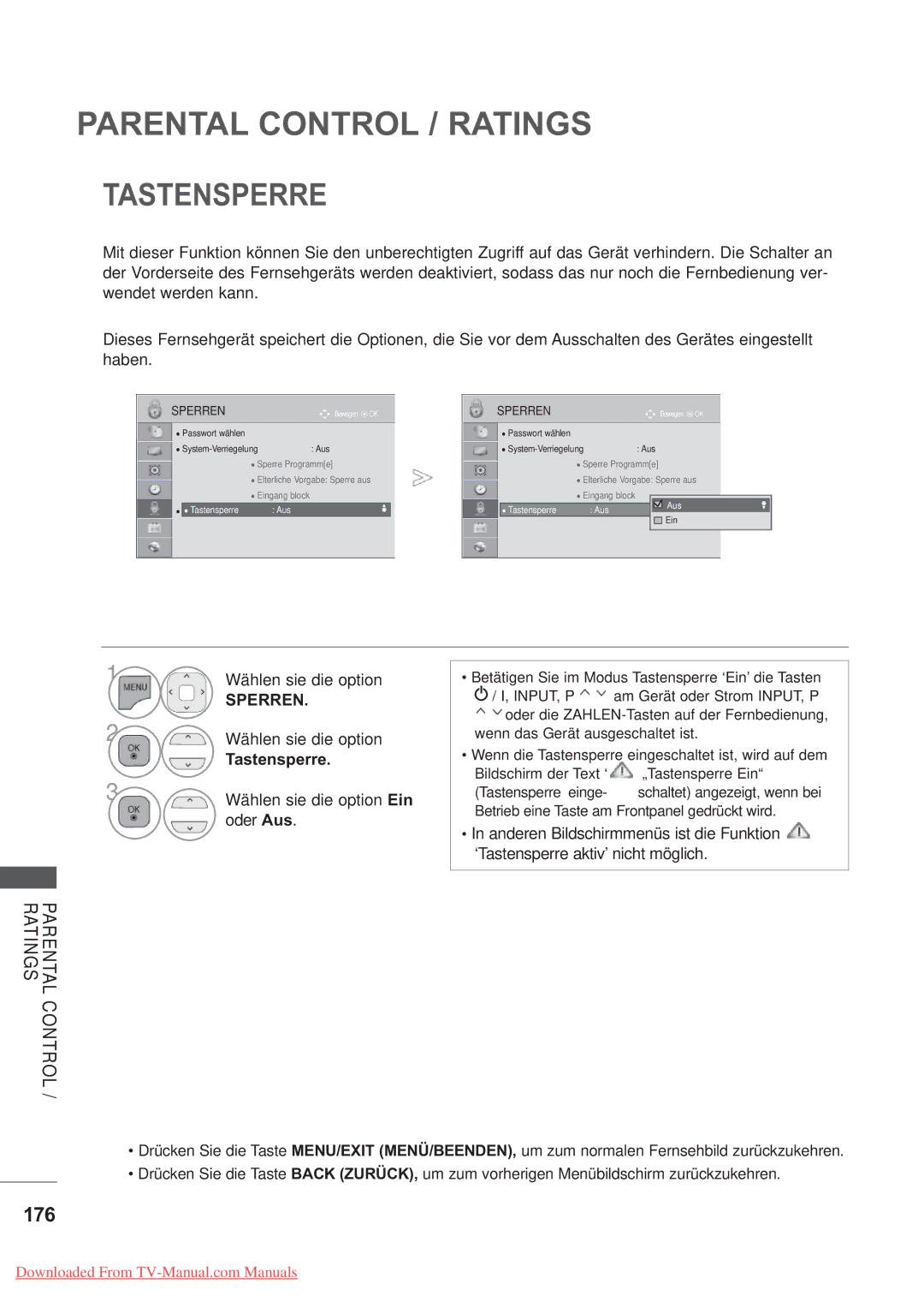 LG Electronics AW-50PG60MS, AW-60PG60MS manual 176, Tastensperre Aus 