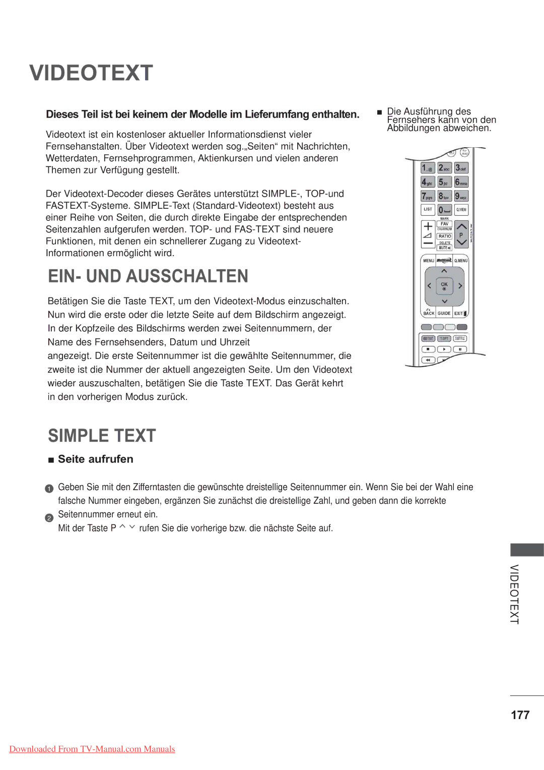 LG Electronics AW-60PG60MS, AW-50PG60MS manual Videotext, EIN- UND Ausschalten, Simple Text, 177, Seite aufrufen 