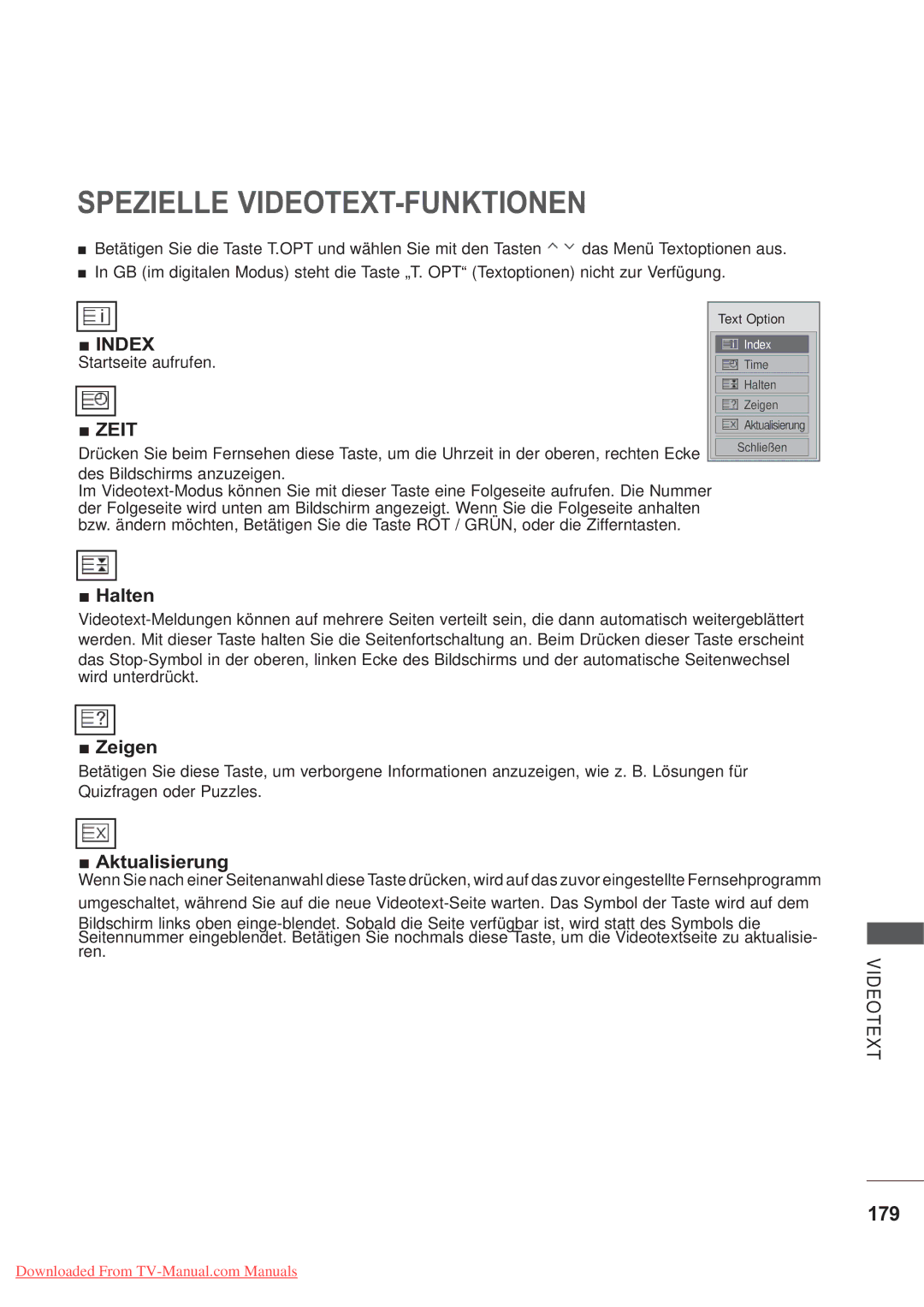 LG Electronics AW-50PG60MS, AW-60PG60MS manual Spezielle VIDEOTEXT-FUNKTIONEN, 179, Halten, Zeigen, Aktualisierung 