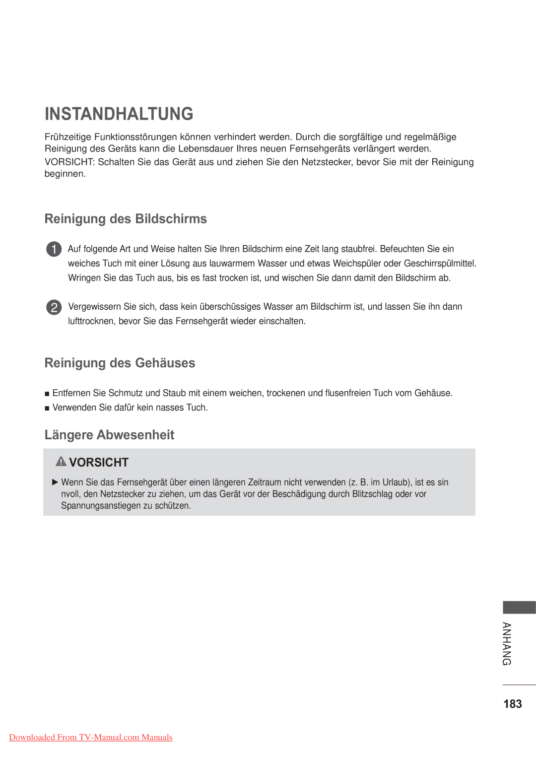 LG Electronics AW-50PG60M Instandhaltung, Reinigung des Bildschirms, Reinigung des Gehäuses, Längere Abwesenheit, 183 