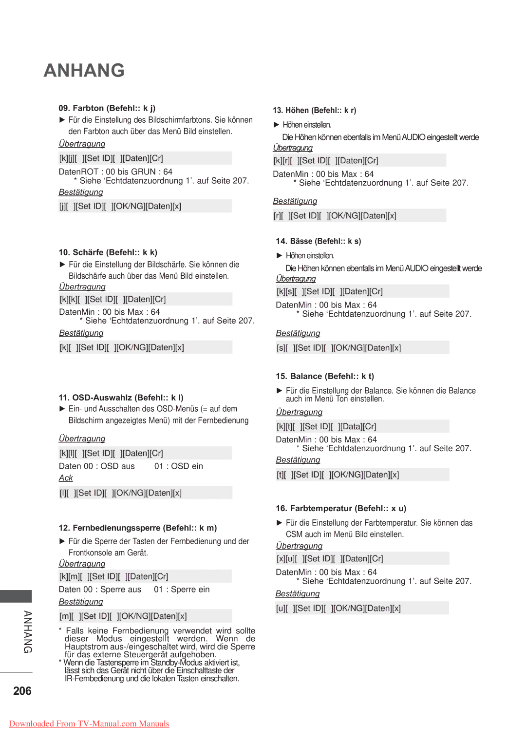 LG Electronics AW-50PG60MS, AW-60PG60MS manual 206, Farbton Befehl k j 