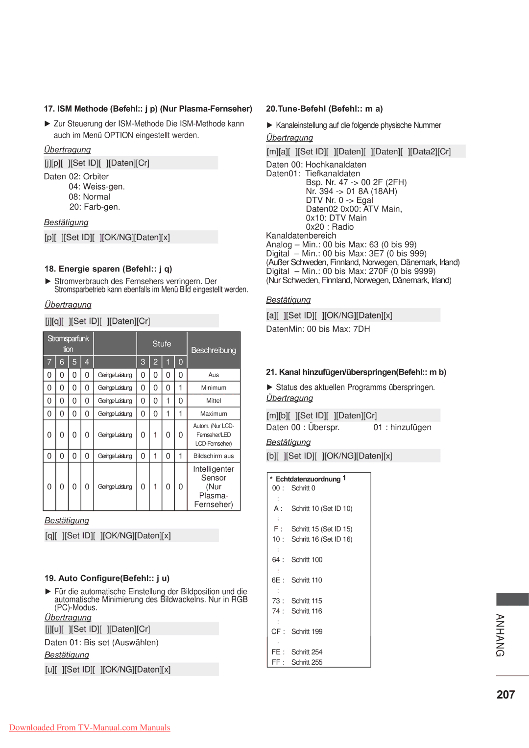 LG Electronics AW-50PG60MS, AW-60PG60MS manual 207, Energie sparen Befehl j q 