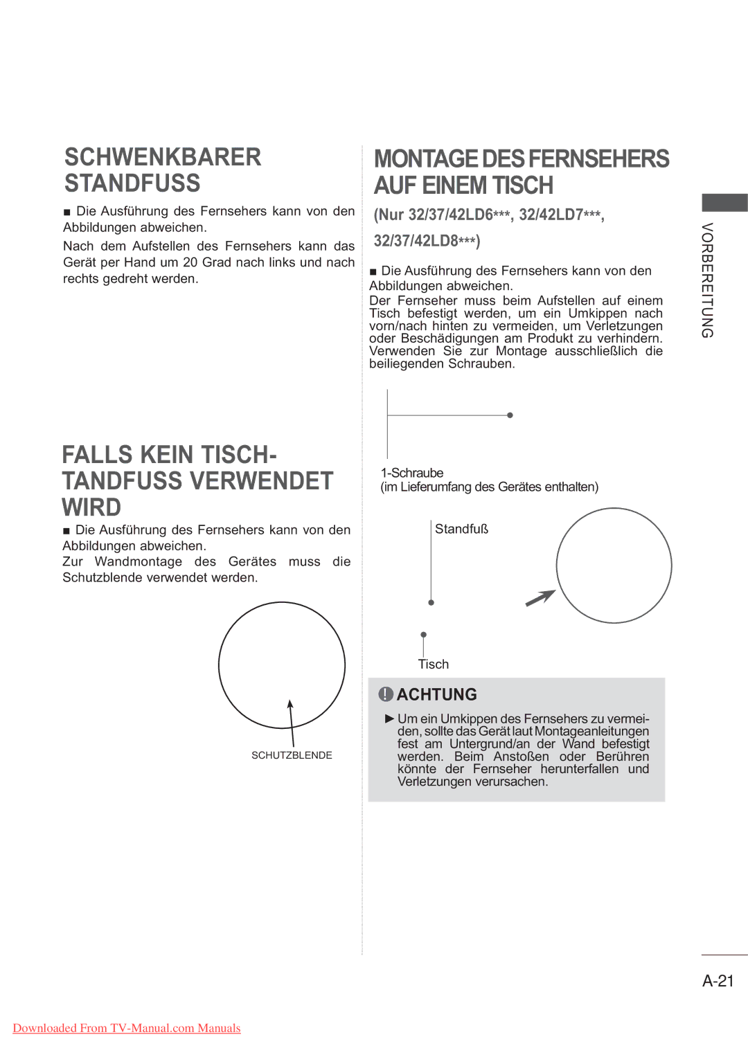 LG Electronics AW-50PG60M, AW-60PG60M Falls Kein TISCH- Tandfuss Verwendet Wird, Nur 32/37/42LD6***, 32/42LD7 32/37/42LD8 