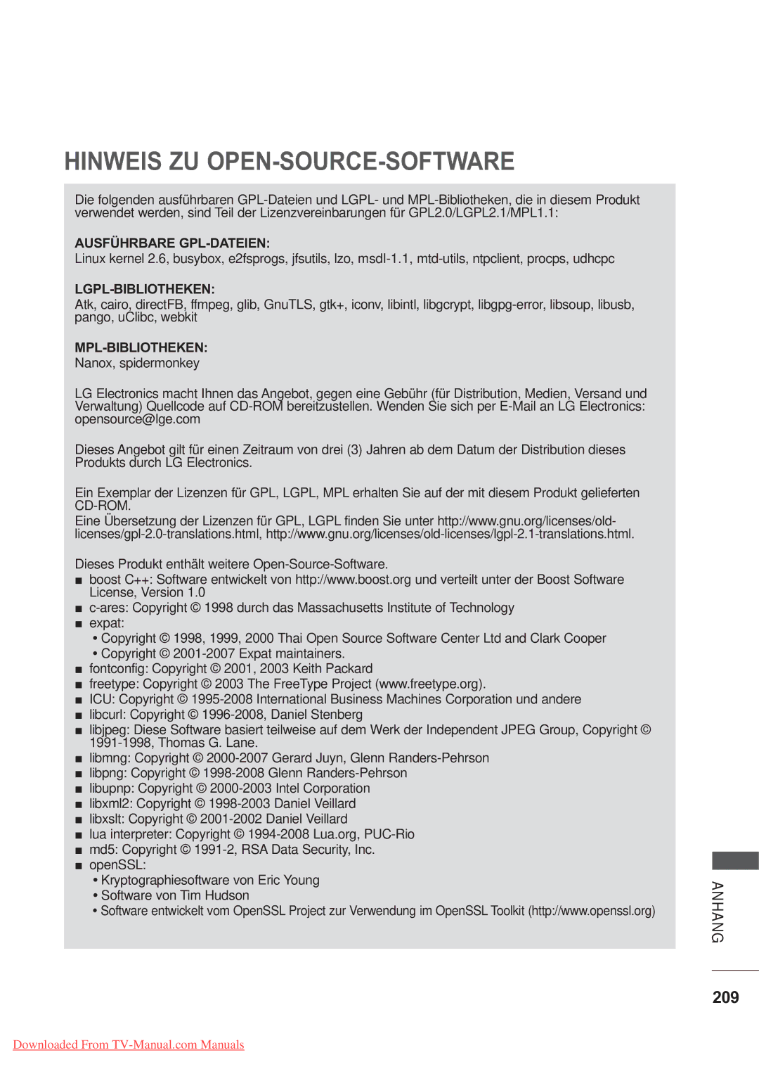 LG Electronics AW-60PG60MS, AW-50PG60MS manual Hinweis ZU OPEN-SOURCE-SOFTWARE, 209, Software von Tim Hudson 