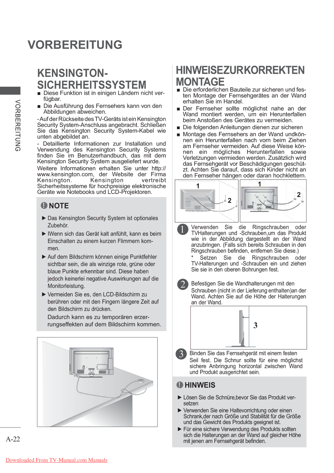 LG Electronics AW-50PG60MS, AW-60PG60M manual Kensington Sicherheitssystem, Diese Funktion ist in einigen Ländern nicht ver 