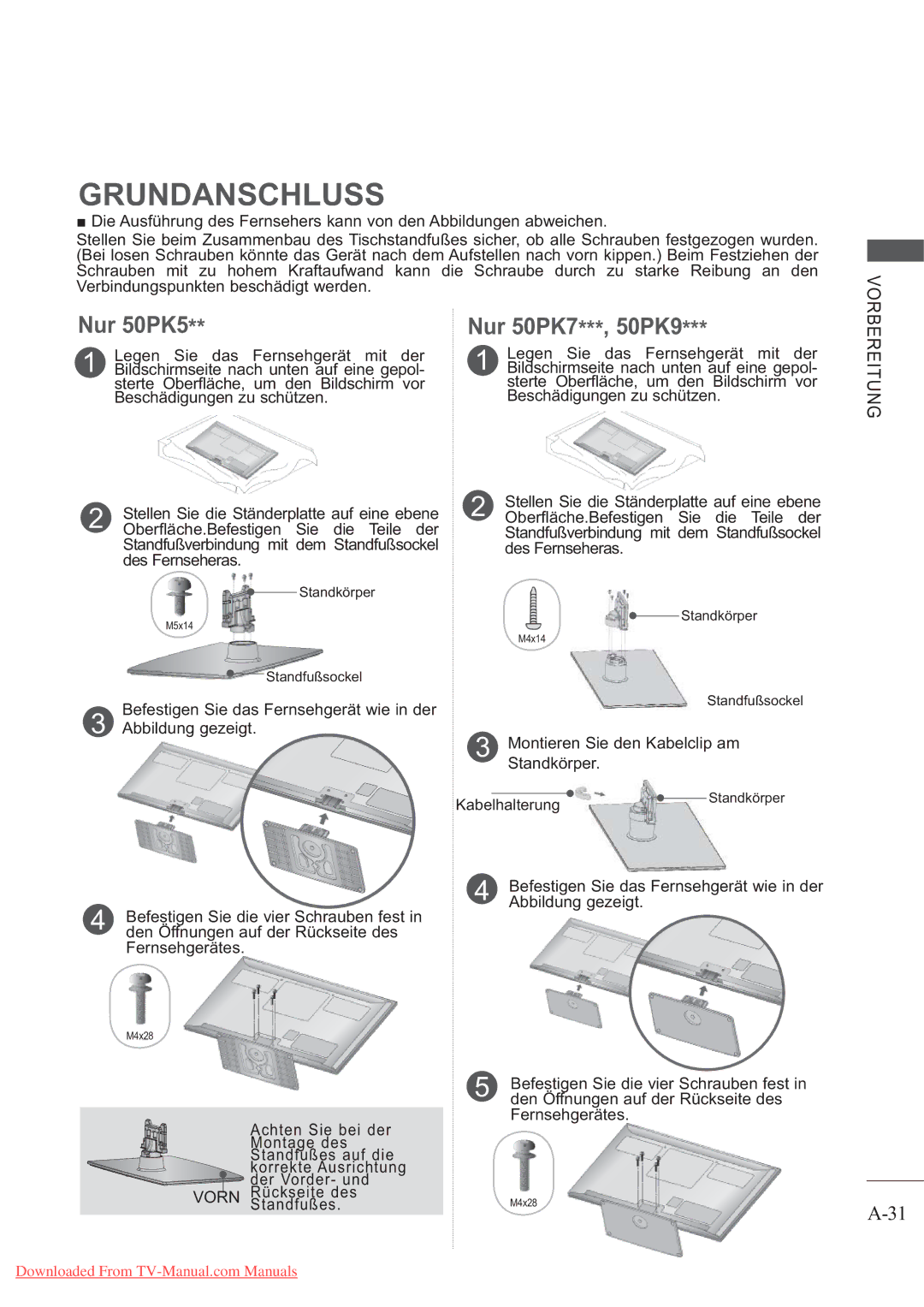 LG Electronics AW-60PG60MS, AW-50PG60MS manual Nur 50PK5 Nur 50PK7***, 50PK9, Oberfläche.Befestigen Sie die Teile der 