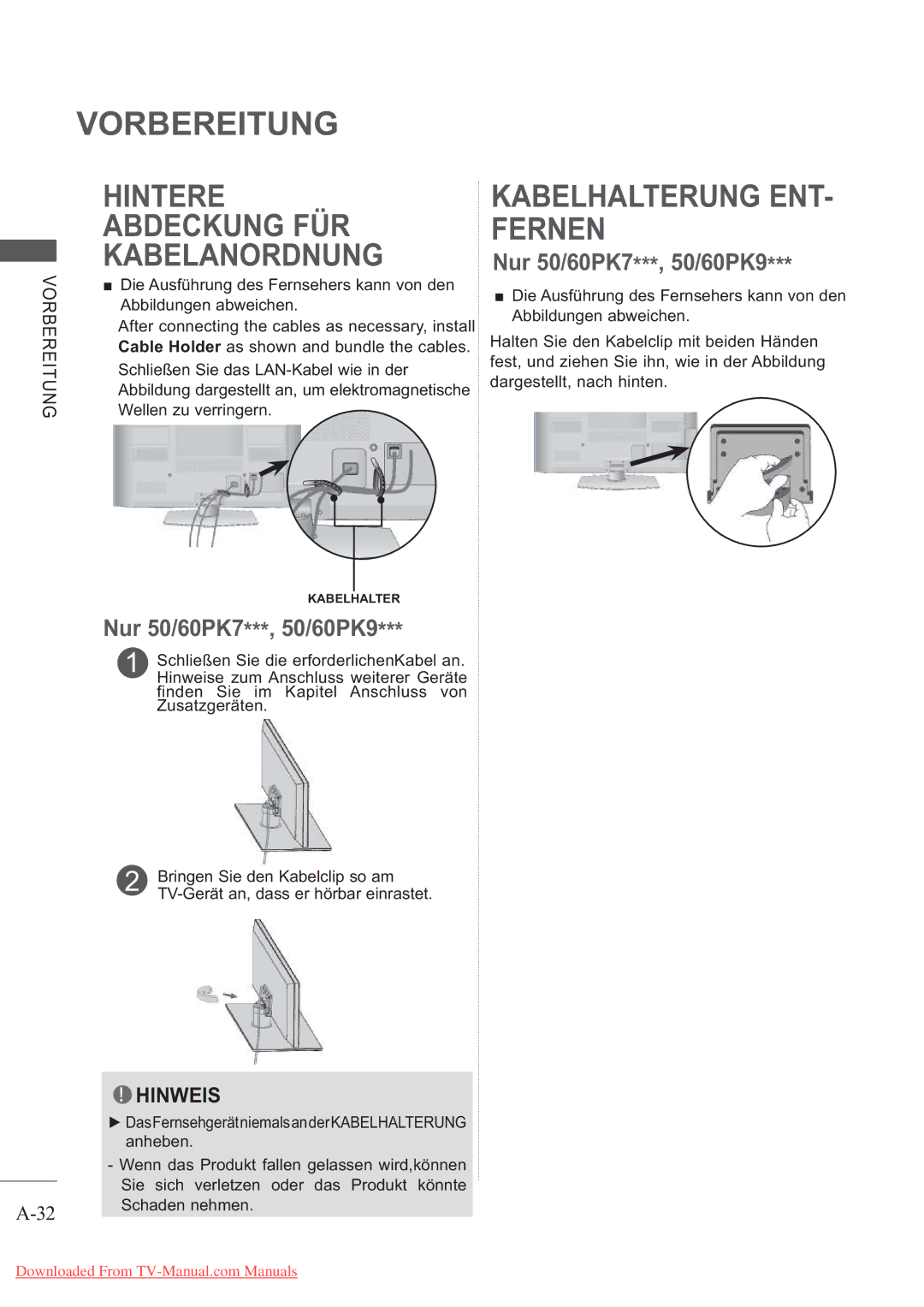 LG Electronics AW-50PG60MS, AW-60PG60MS manual Kabelhalterung ENT- Fernen, Nur 50/60PK7***, 50/60PK9 